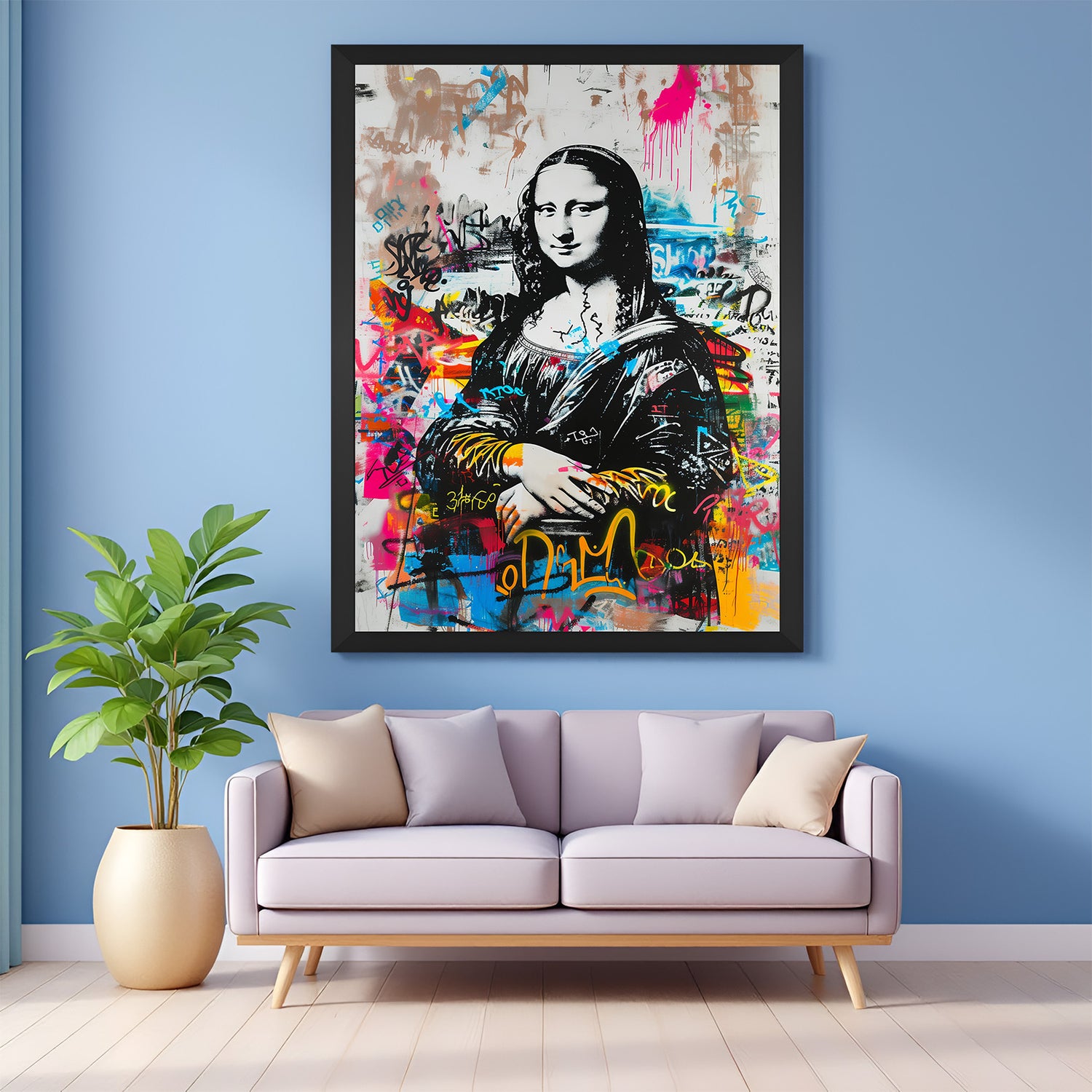 Mona Lisa canvas wall art in black floater frame – modern art masterpiece