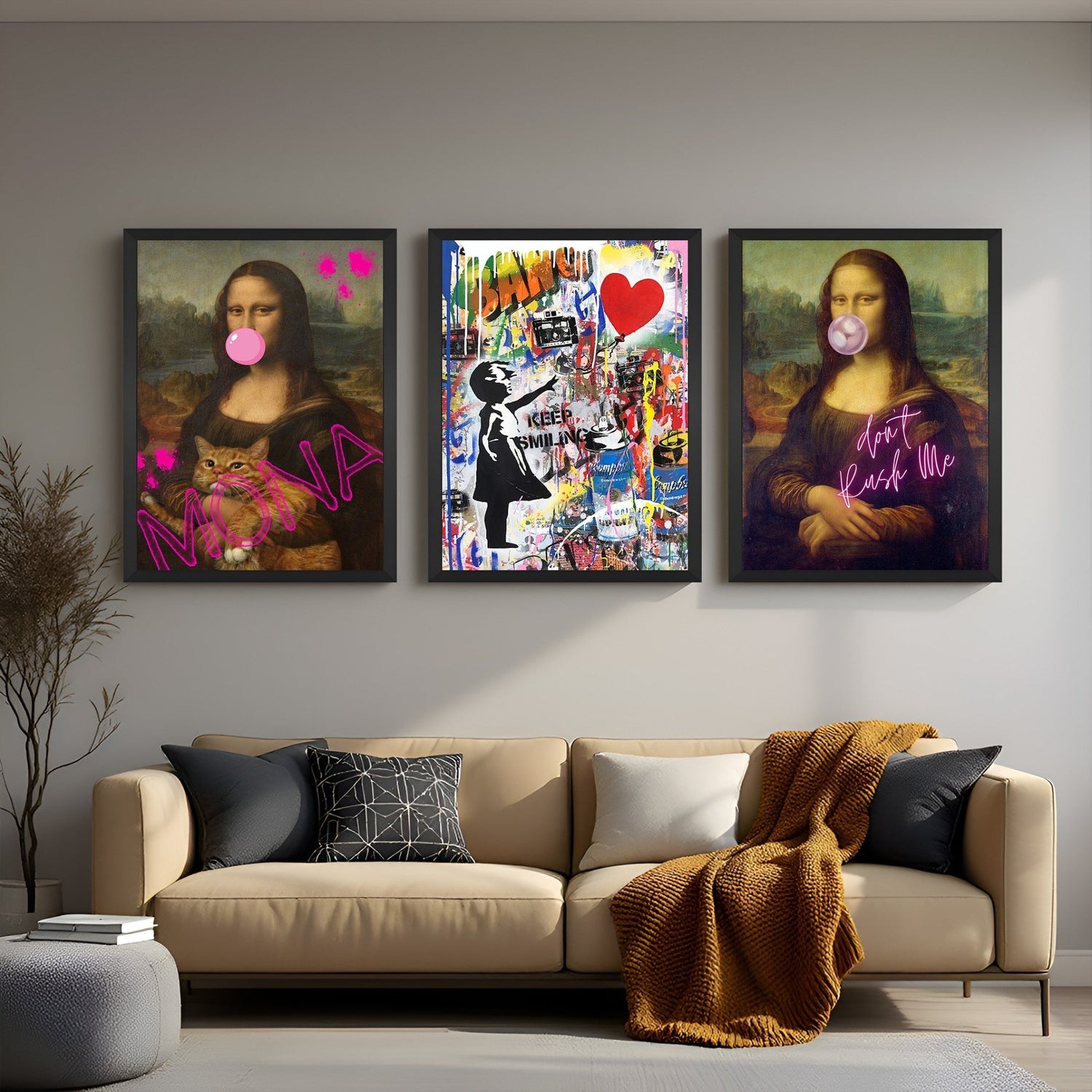 Wall display of a set of 3 canvas prints including Mona Lisa with modern typography, a contemporary altered art piece, and Don’t Rush Me Mona, framed in black for edgy, modern home or office decor