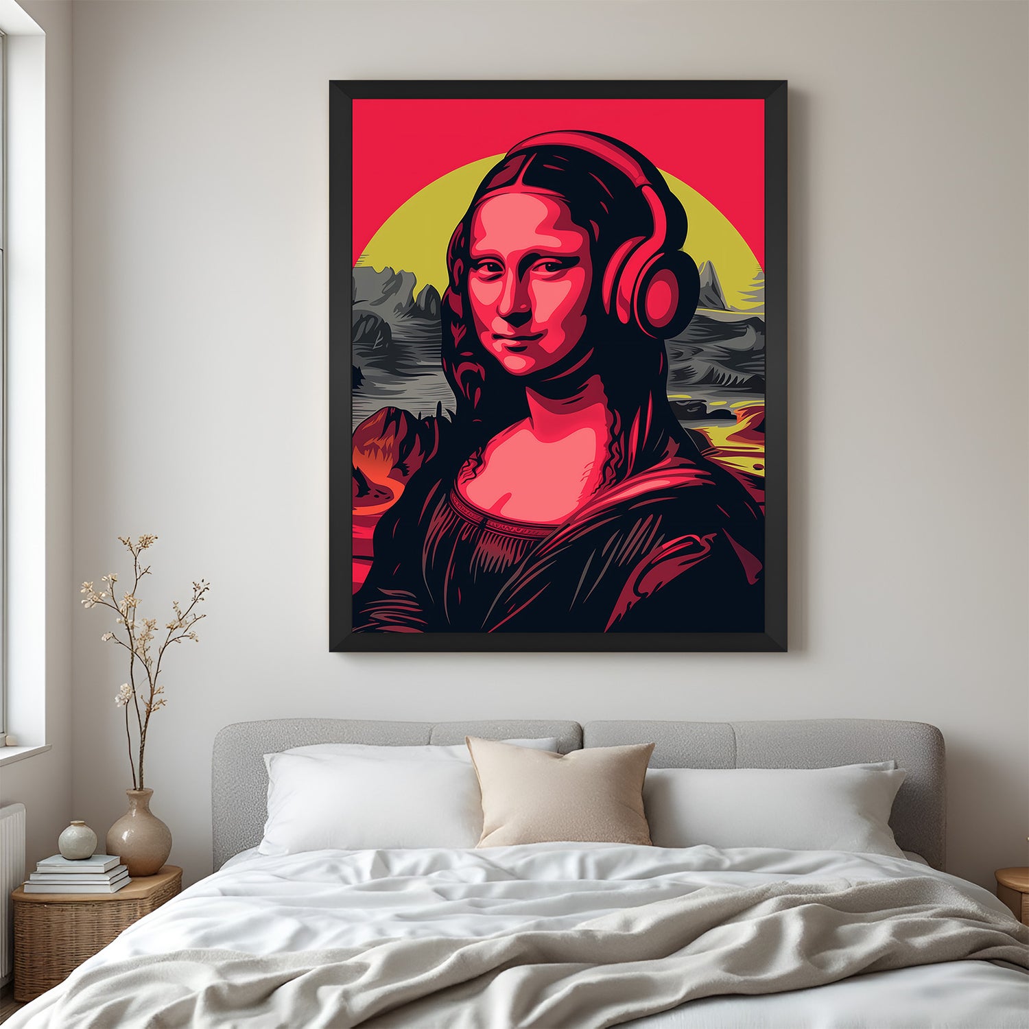 Framed Mona Lisa wall art featuring headphones in a bold, modern art style with black frame, perfect for trendy and artistic spaces
