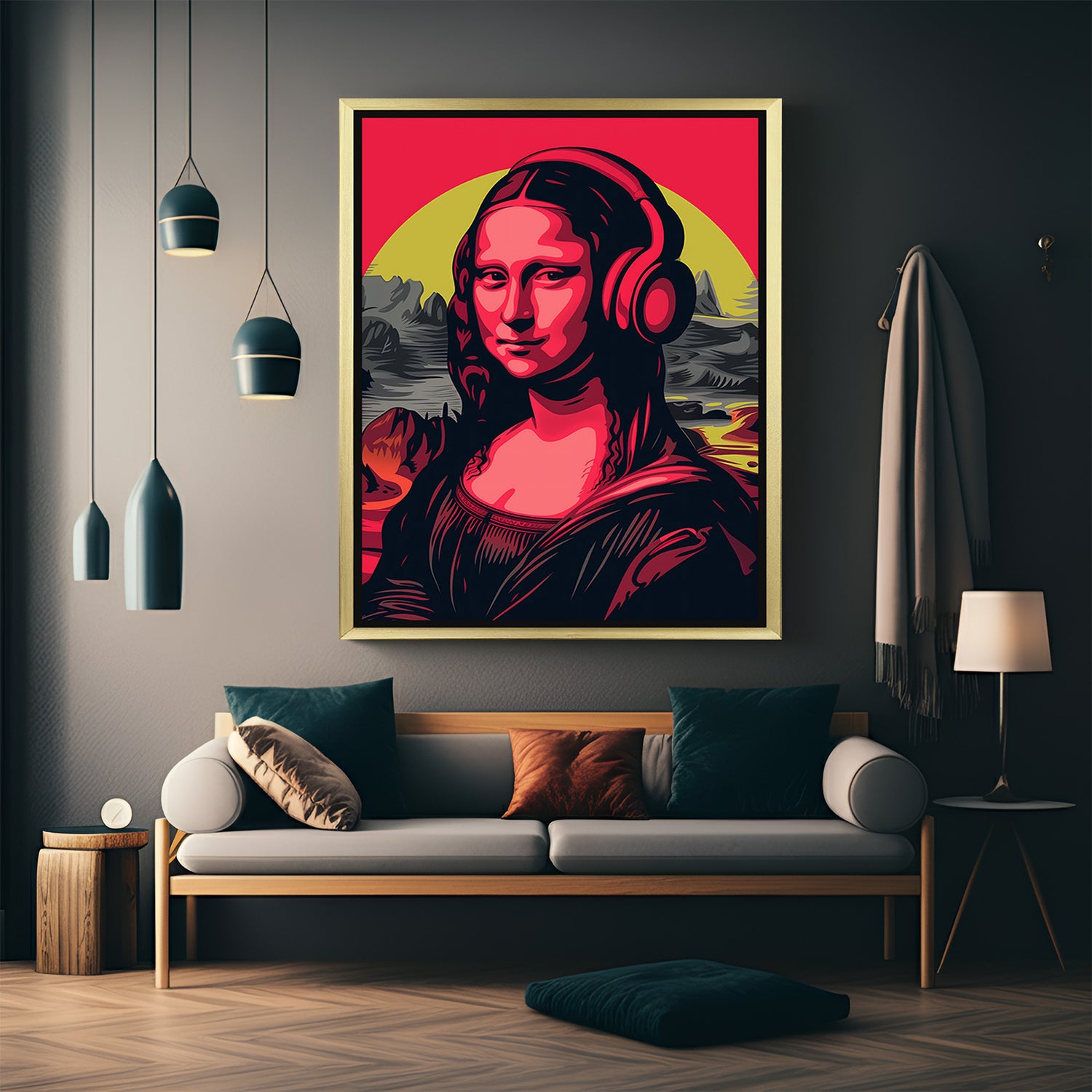 Golden framed modern canvas of Mona Lisa wearing headphones, mixing classic elegance and street-art cool for stylish home decor