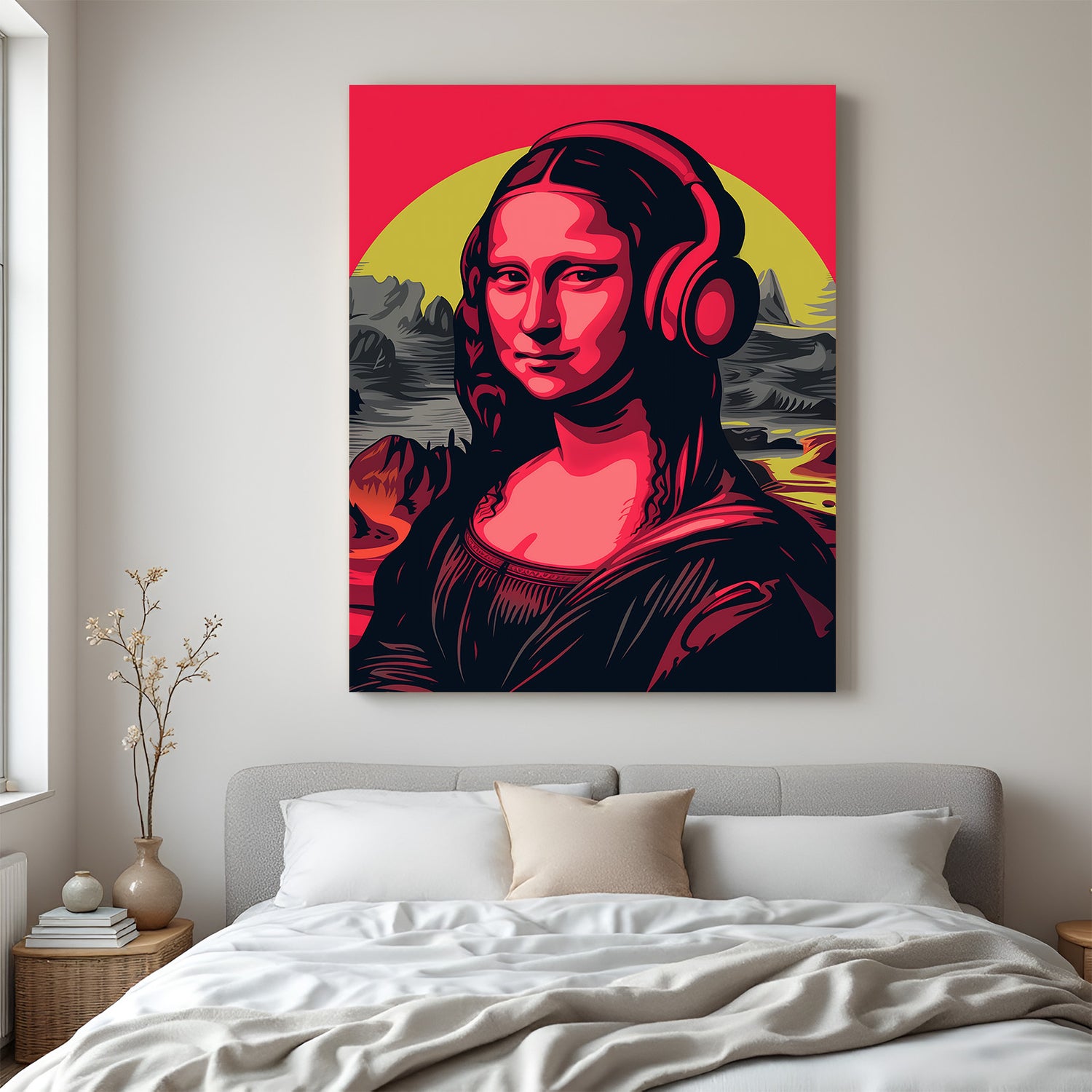 Mona Lisa reimagined with headphones in colorful pop-art modern style, combining classical beauty with a cool urban vibe for unique wall decor