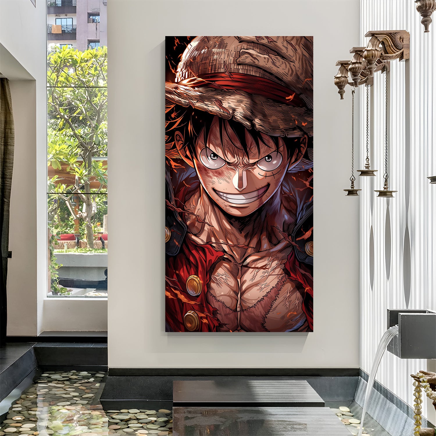 Monkey D. Luffy Battle Worn Straw Hat canvas painting with pirate anime artwork in canvas wrapped frame