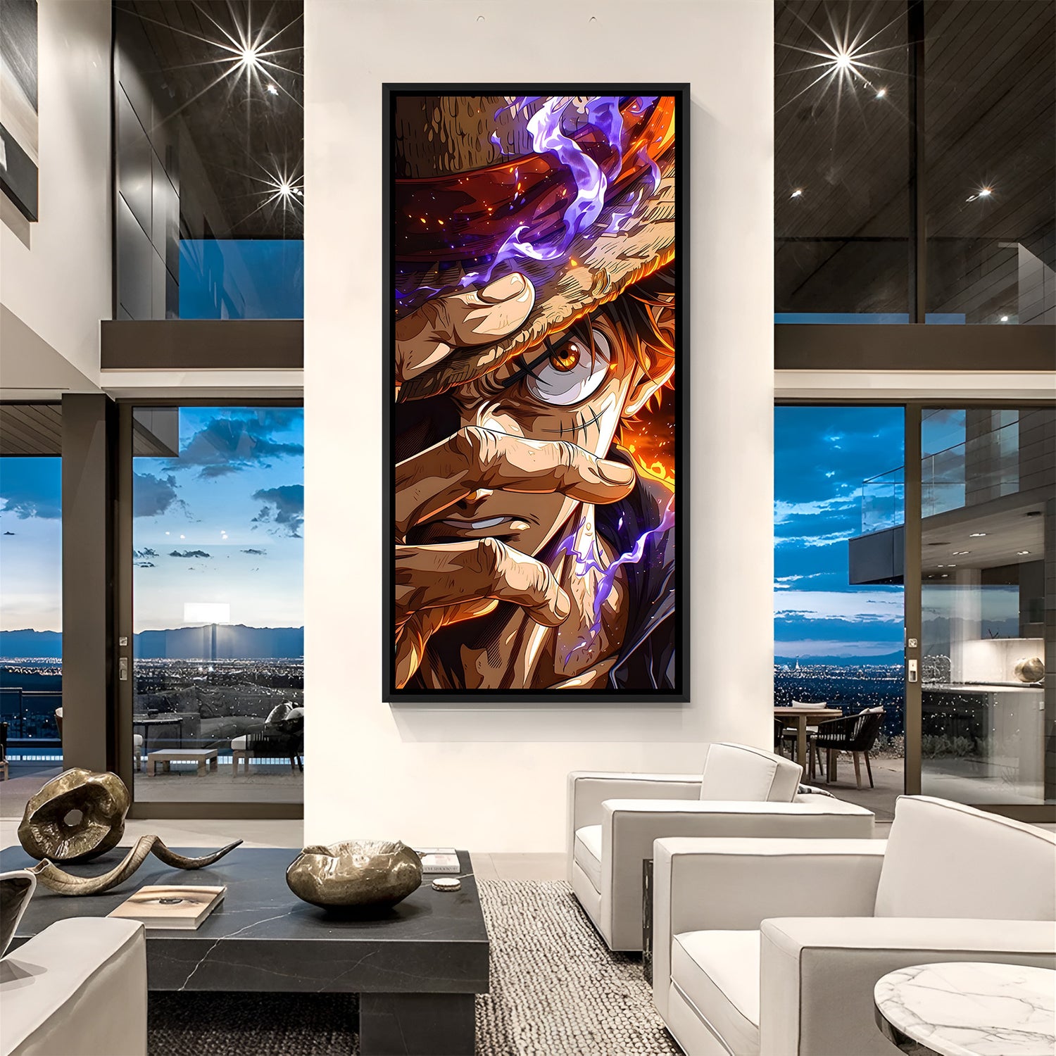 Monkey D. Luffy Blue Smoke anime canvas artwork in premium black floater frame