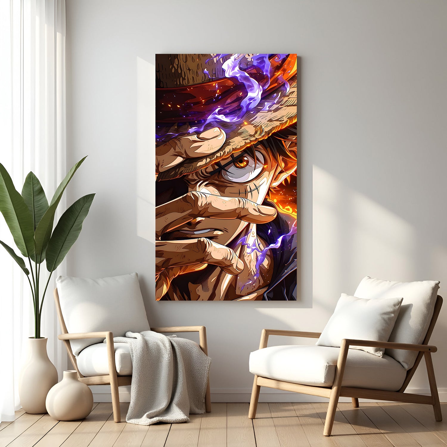 Monkey D. Luffy Blue Smoke canvas painting with fiery anime artwork in canvas wrapped frame
