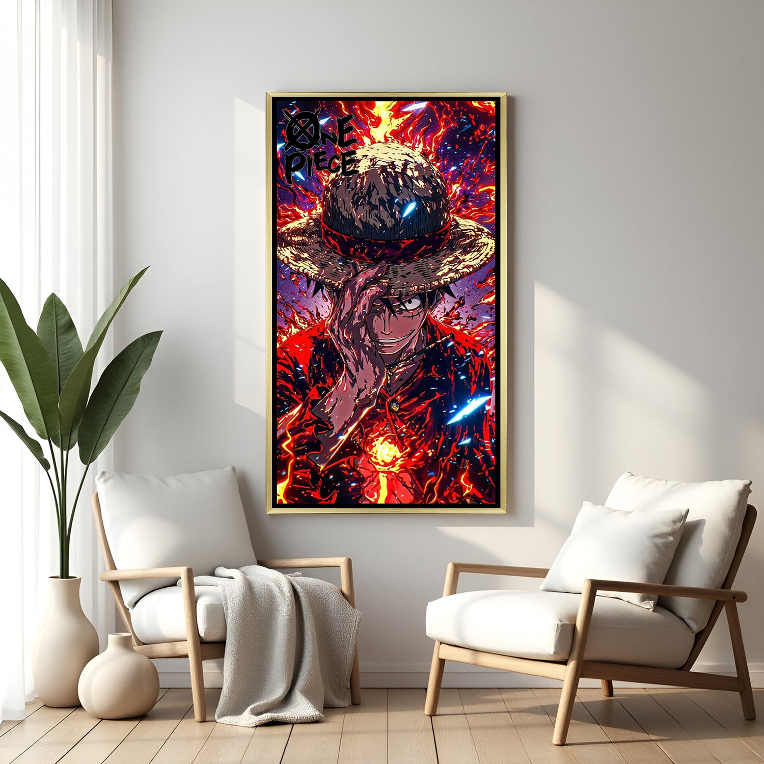 Monkey D. Luffy One Piece wall art in luxury golden floater frame with fire aura anime design