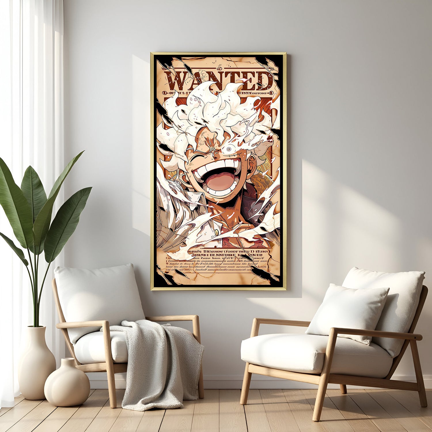 Monkey D. Luffy One Piece wall art in luxury golden floater frame with Gear 5 wanted poster design