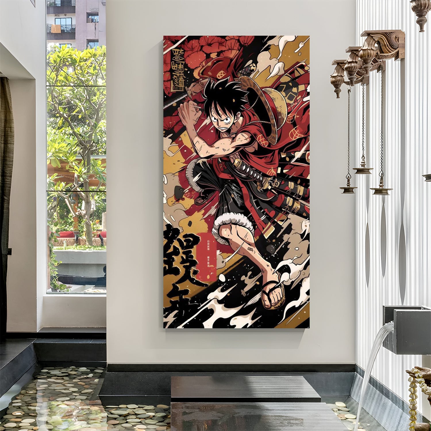 Monkey D. Luffy Japanese Art canvas painting with red floral anime artwork in canvas wrapped frame