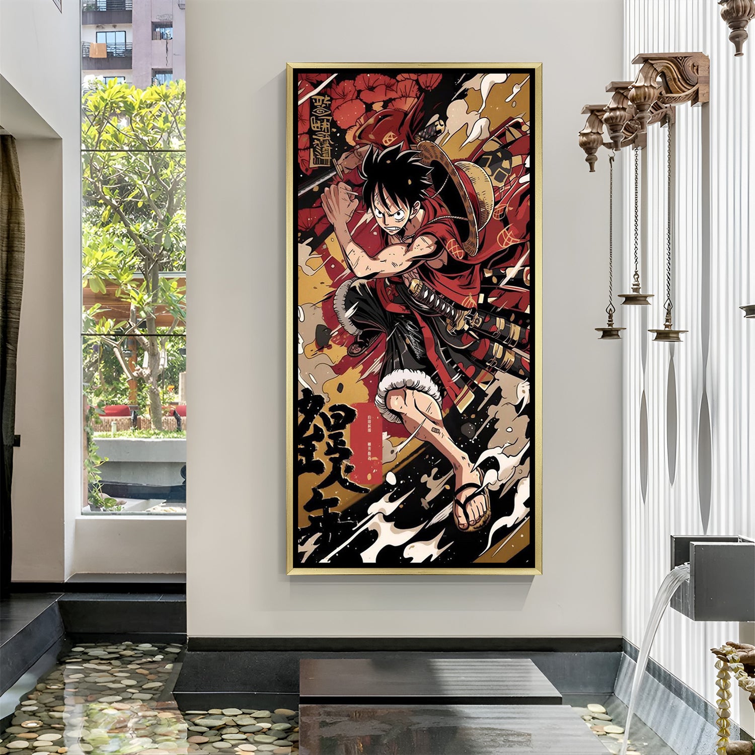Monkey D. Luffy One Piece wall art in luxury golden floater frame with Japanese anime design