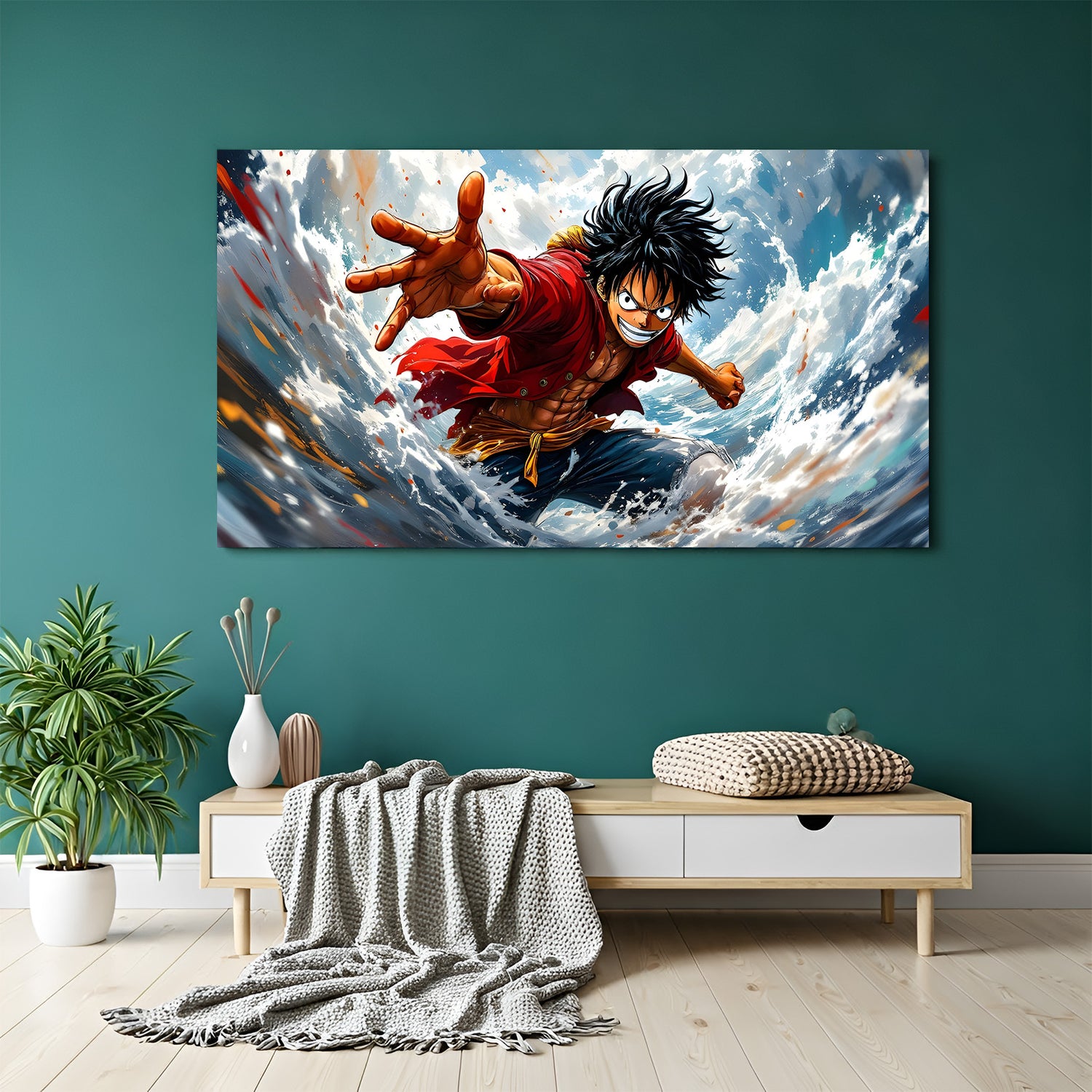 Monkey D. Luffy Ocean Wave canvas painting with surfing anime artwork in canvas wrapped frame