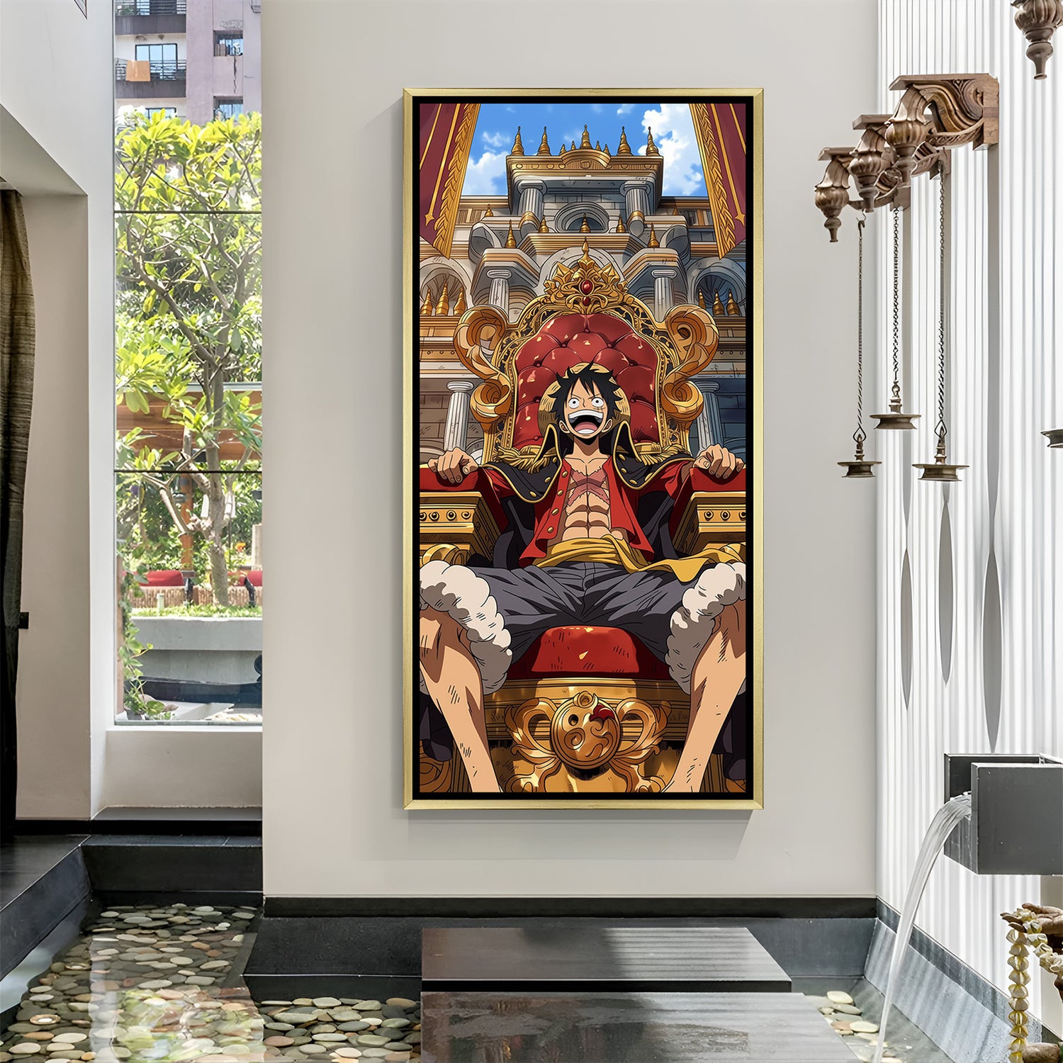 Monkey D. Luffy One Piece wall art in luxury golden floater frame with pirate king anime design