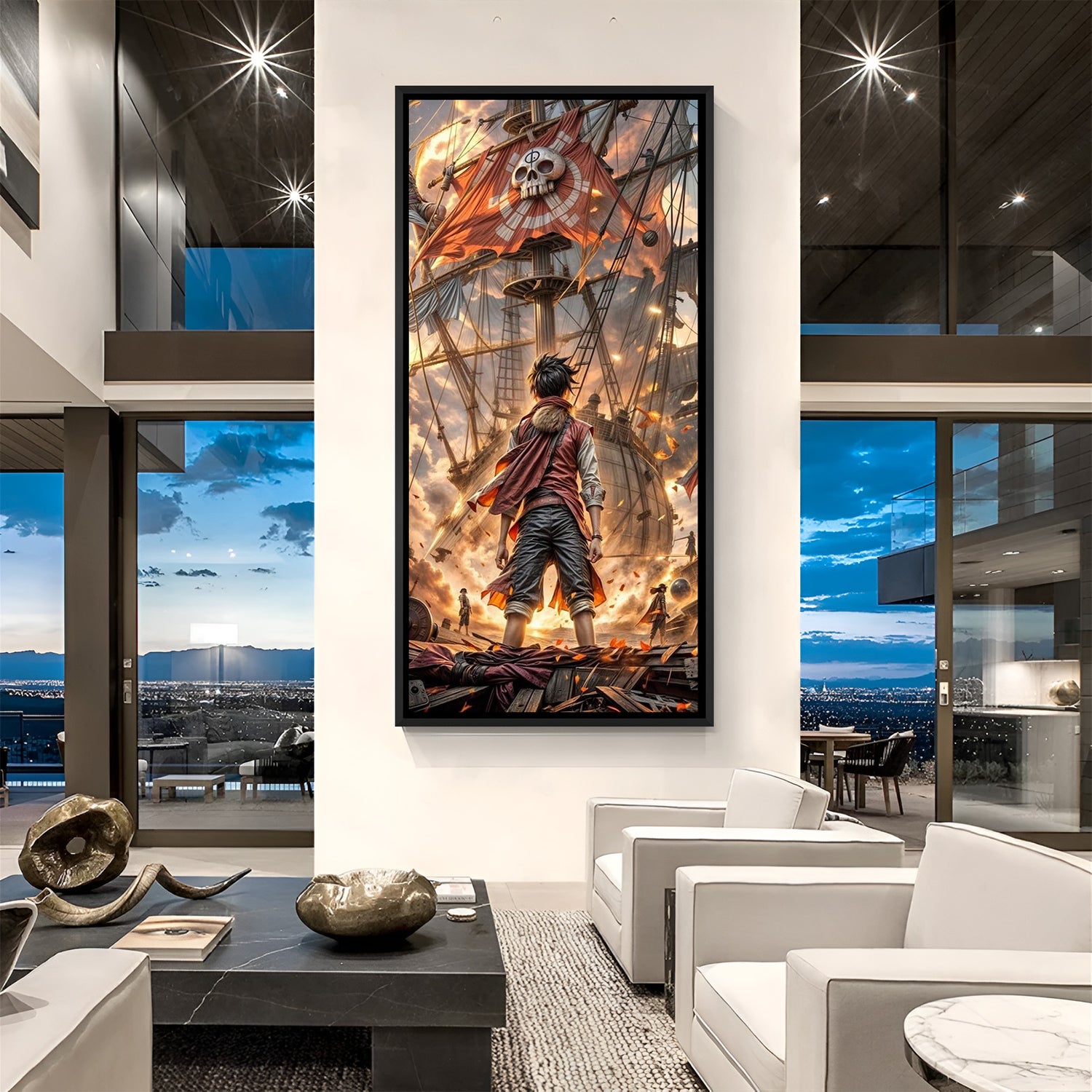 Monkey D. Luffy Pirate Ship anime canvas artwork in premium black floater frame