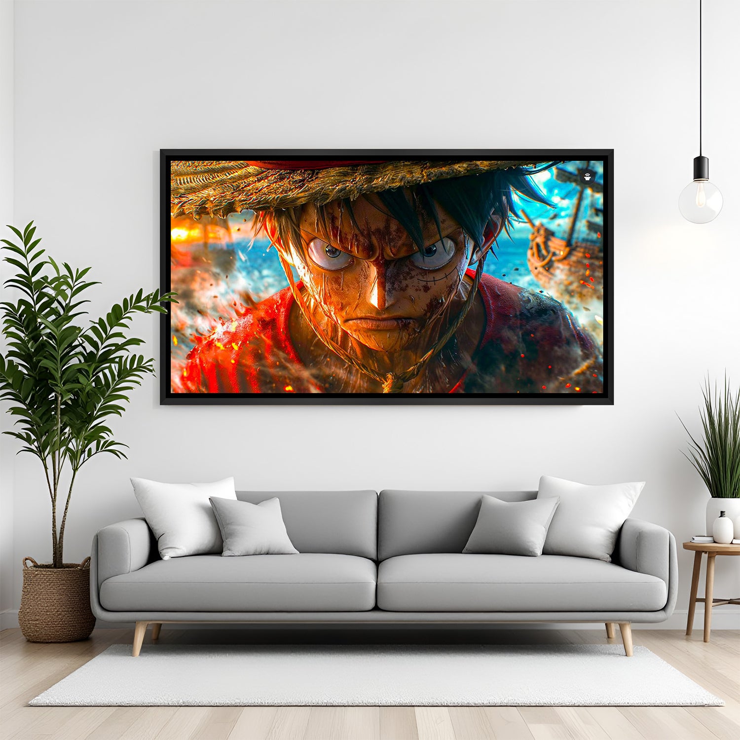 Monkey D. Luffy Straw Hat Close-Up anime canvas artwork in premium black floater frame