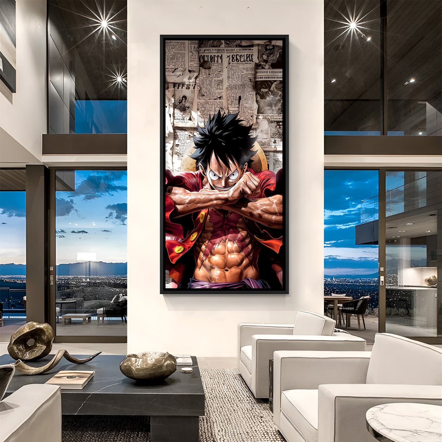Monkey D. Luffy Wanted Pirate anime canvas artwork in premium black floater frame