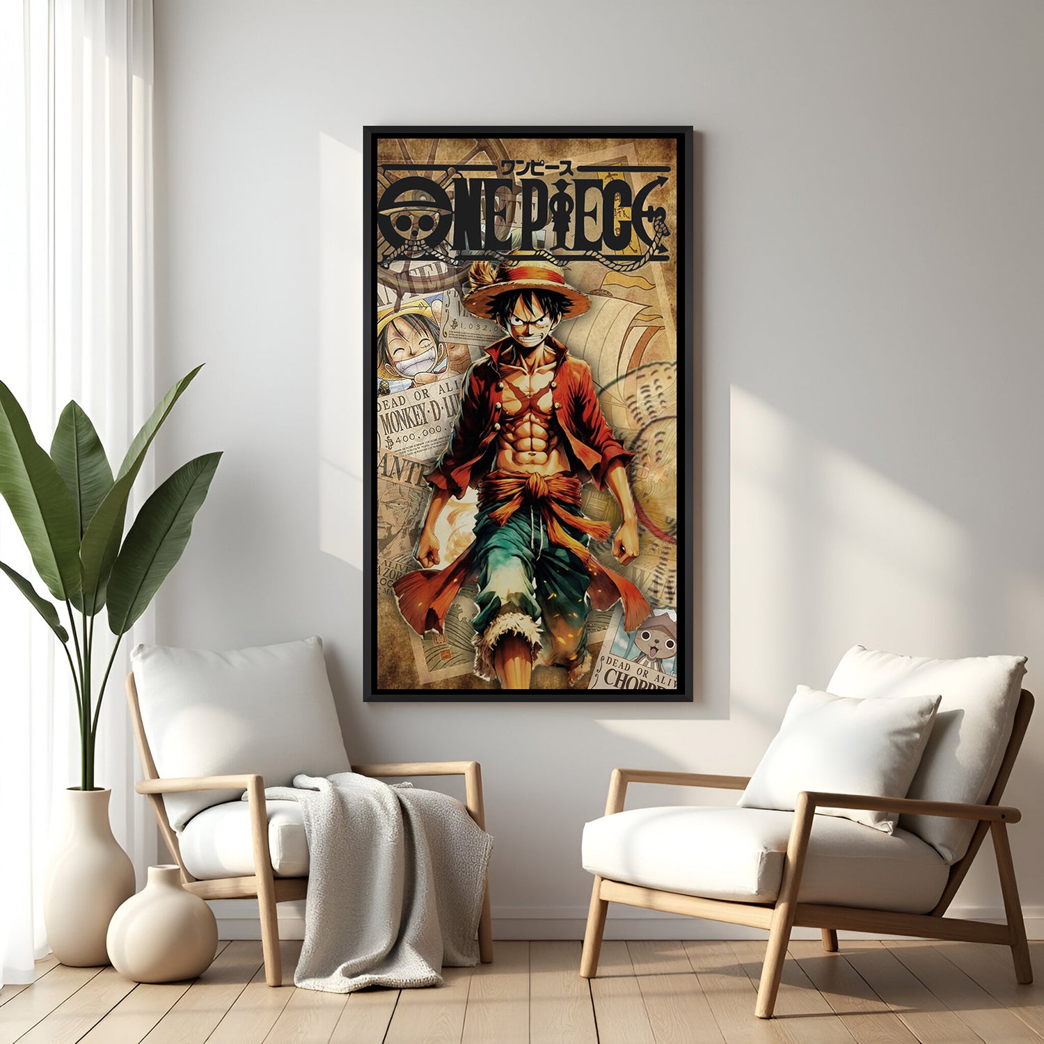 Monkey D. Luffy Wanted Poster anime canvas artwork in premium black floater frame