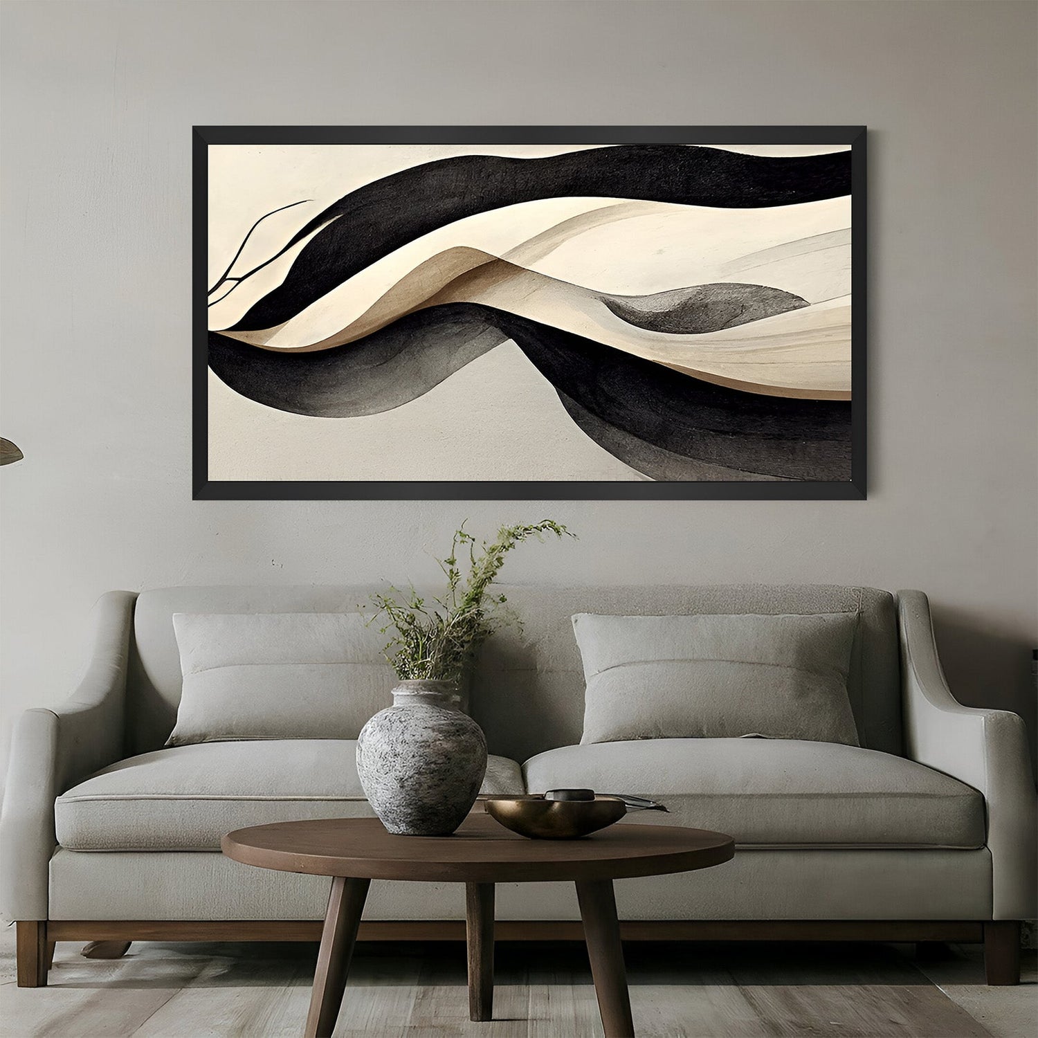 Black floater frame abstract wave art in grey and black shades, elegant monochrome canvas print