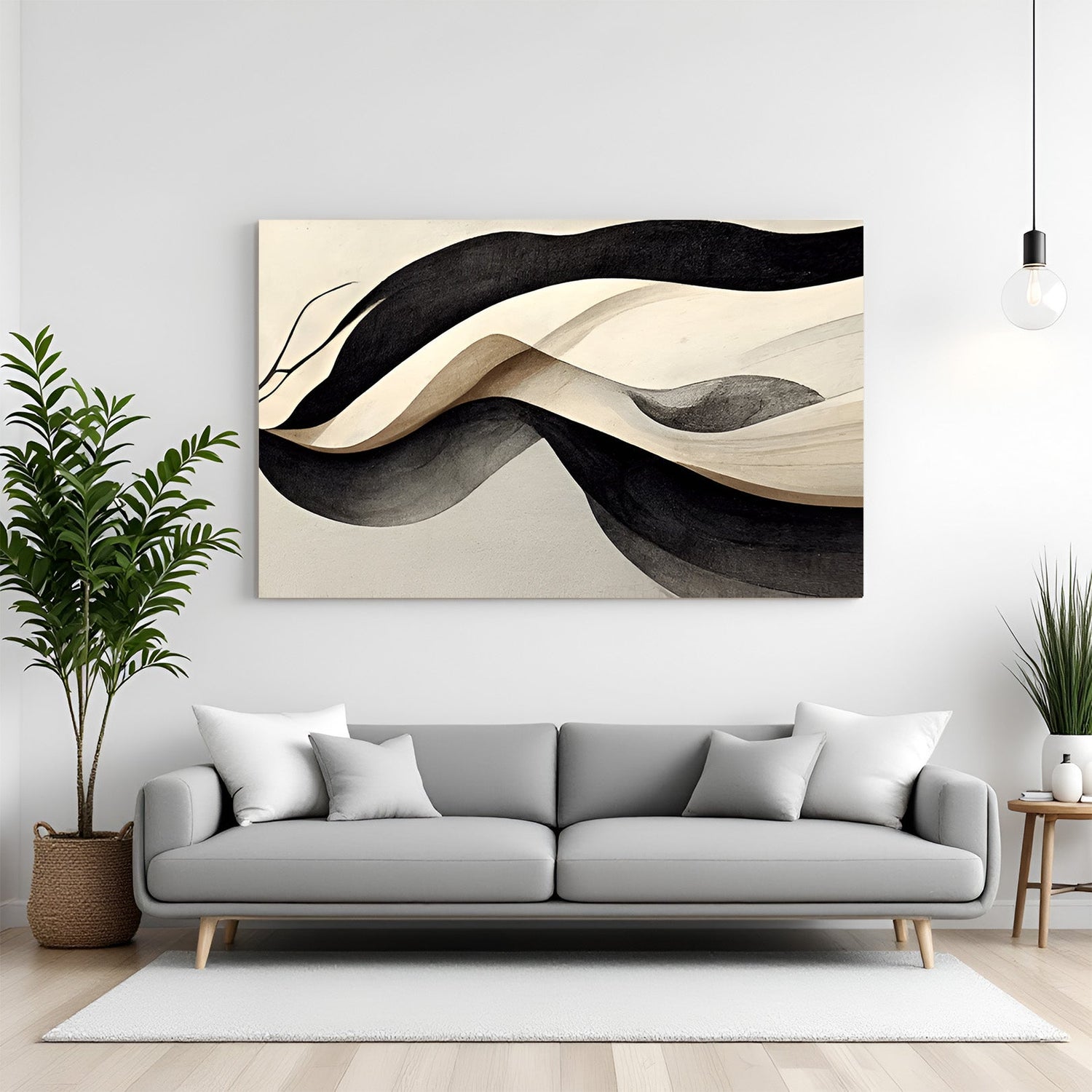 Monochrome abstract wave design with grey and black tones on canvas, modern wall art for home and office