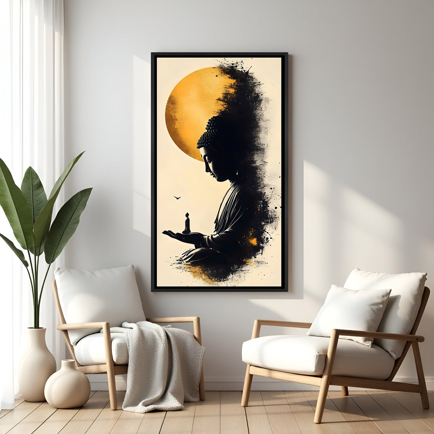 Moonlit Buddha Silhouette spiritual canvas artwork in premium black floater frame