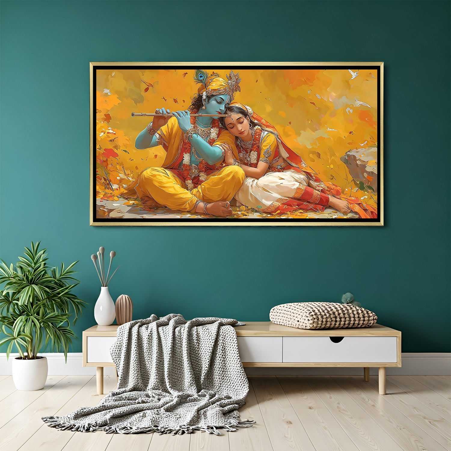 Radha Krishna spiritual canvas artwork in elegant golden floater frame with luxurious detailing