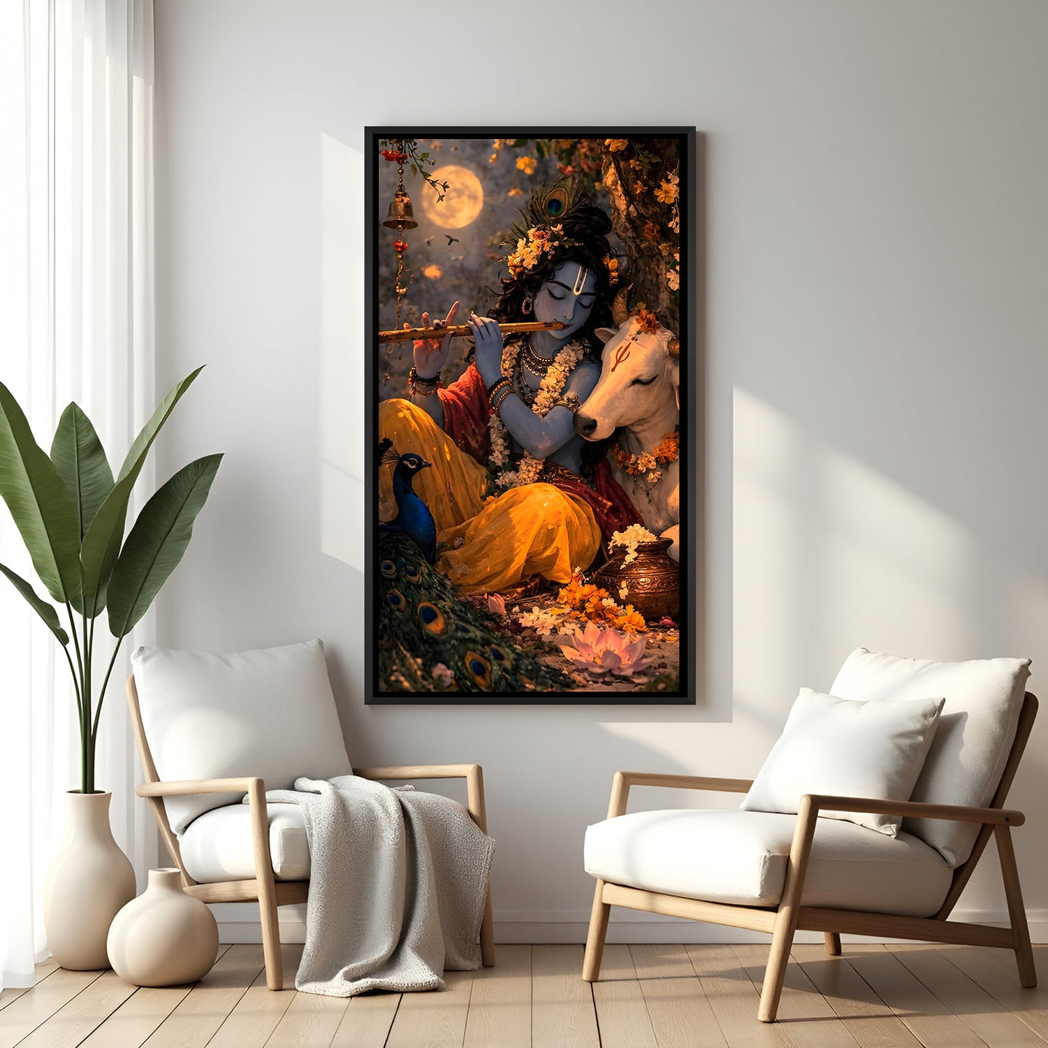Krishna flute serene night scene with cow and moon canvas painting in elegant black floater frame