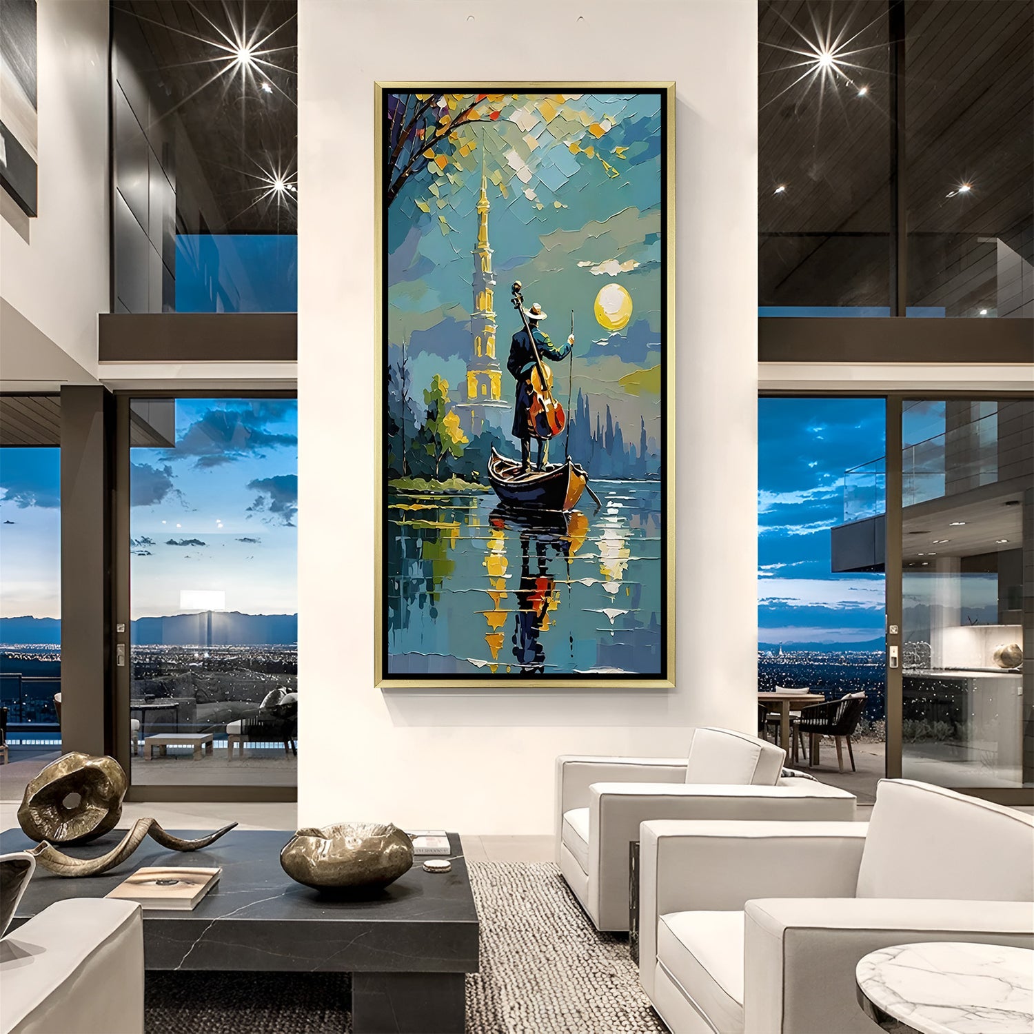 Luxury vertical moonlit canal artwork in gold floater frame showing a musician in a boat with warm and cool tonal contrast.