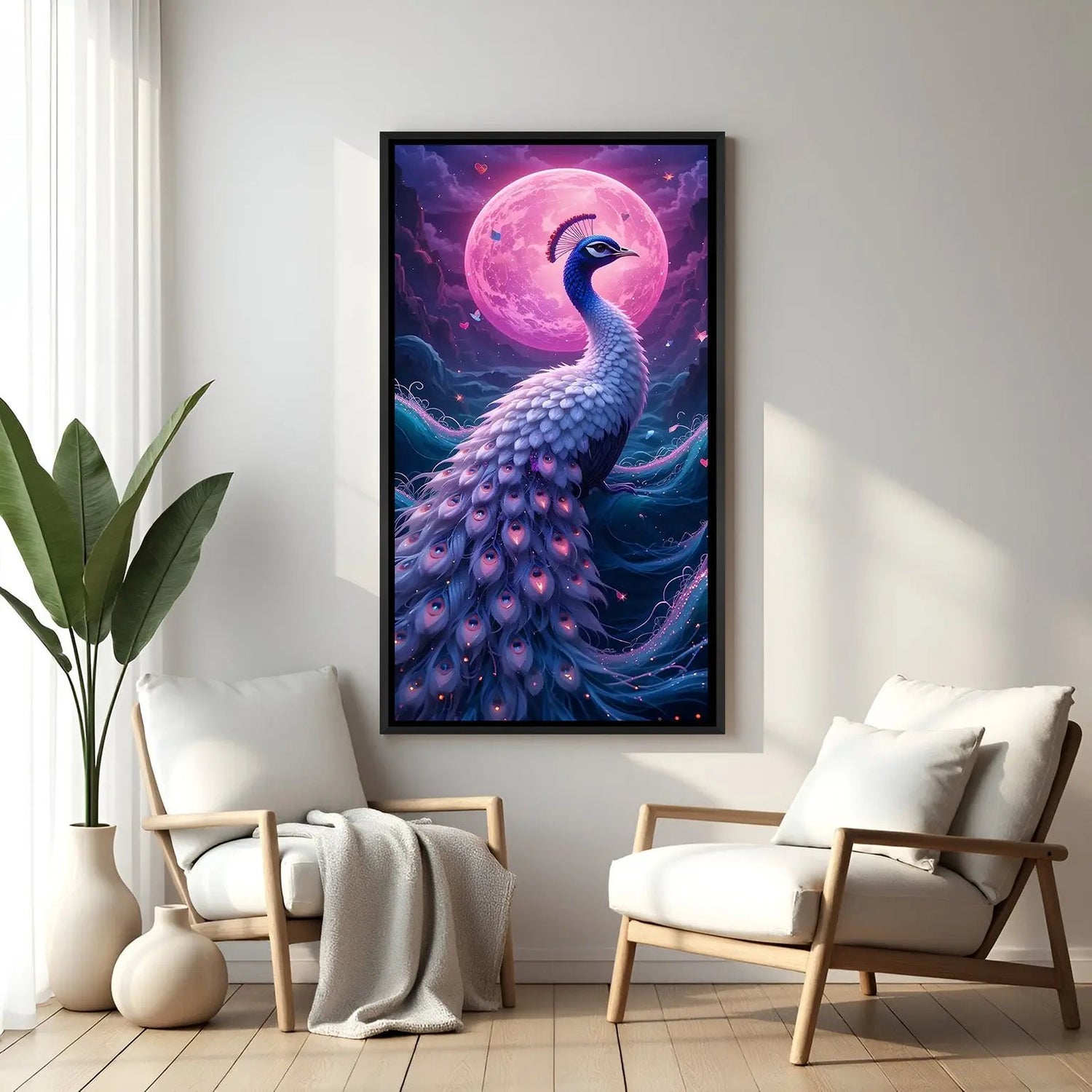 Elegant peacock artwork with glowing pink moon backdrop in sophisticated black floater frame