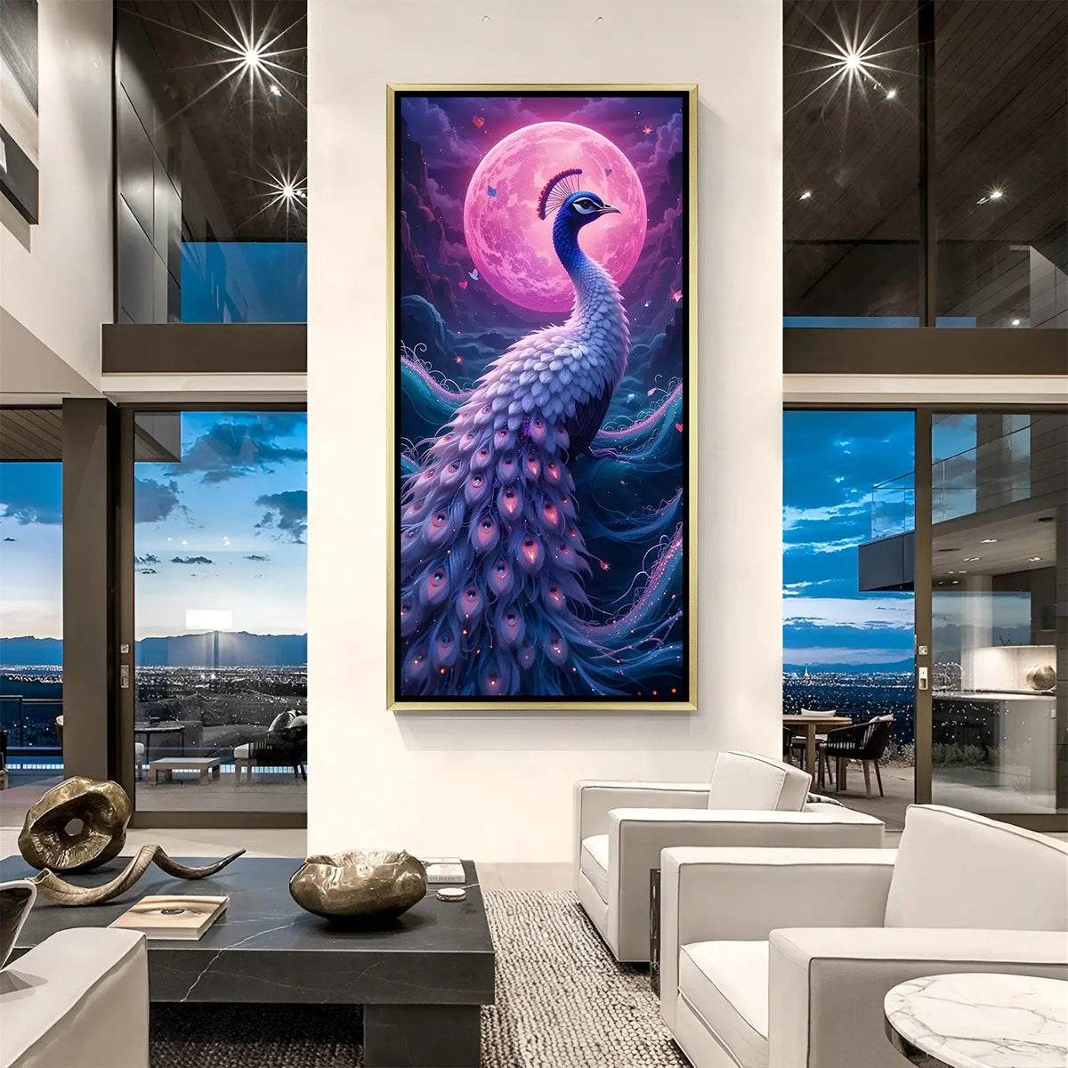 Moonlit Sovereign Peacock artwork in luxury golden floater frame featuring a majestic peacock and radiant pink moon
