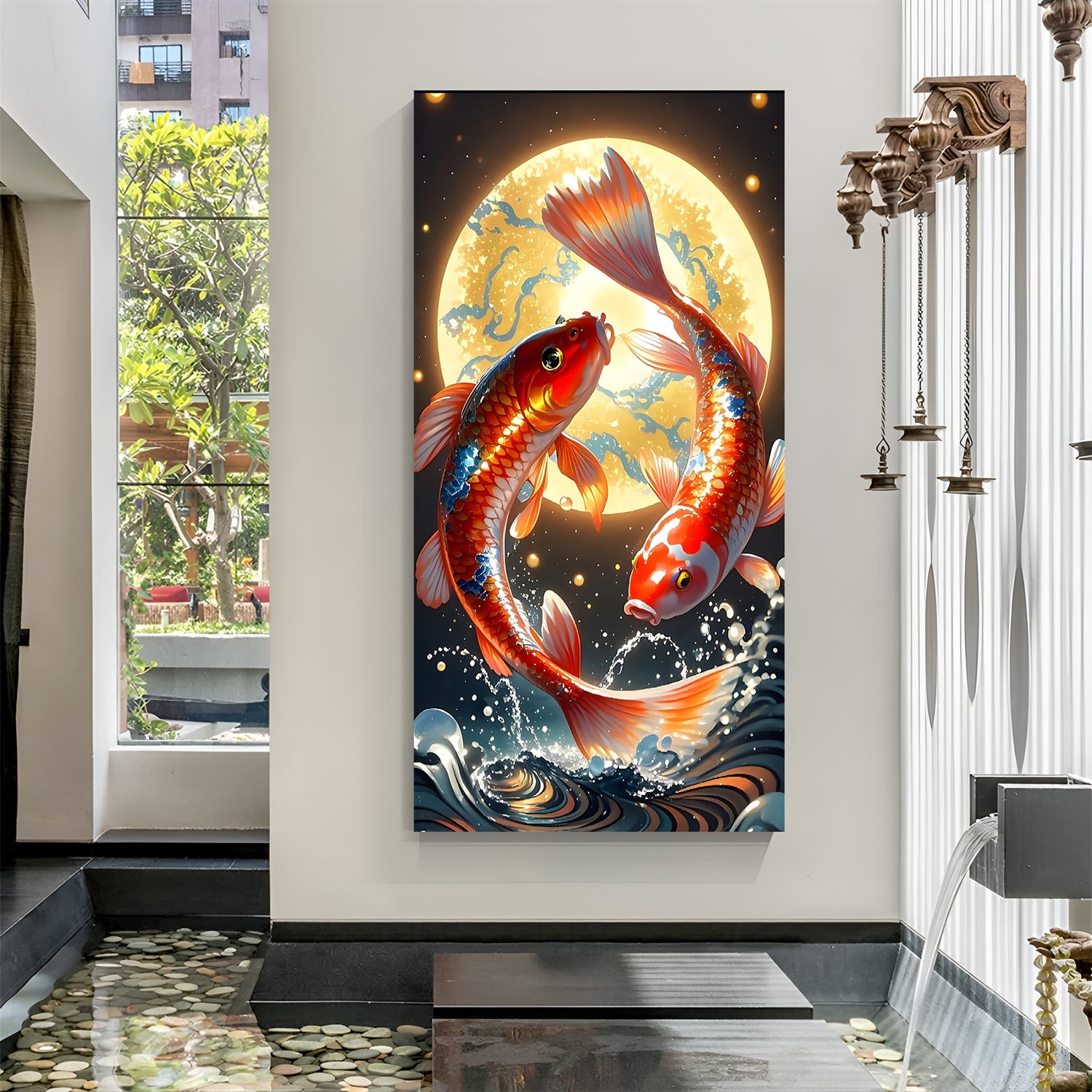 Two vibrant koi fish swirling beneath a glowing full moon in premium canvas wrapped frame