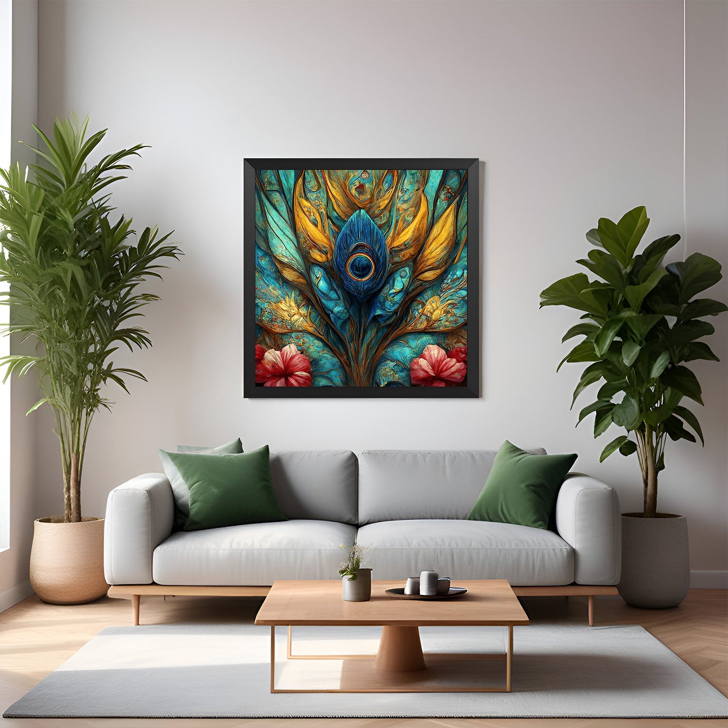 Black frame mor pankh canvas painting – Vastu peacock feather wall art for peaceful home interiors