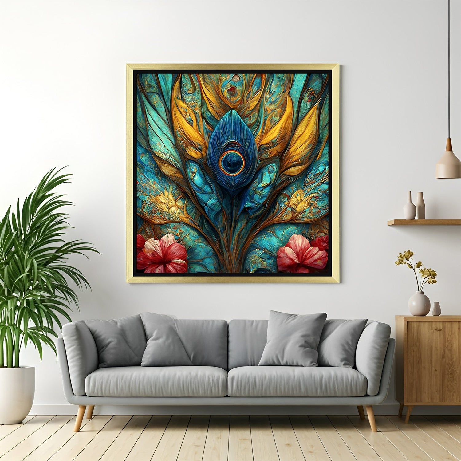 Golden frame peacock feather canvas painting – mor pankh Vastu wall art for positive energy and spiritual decor