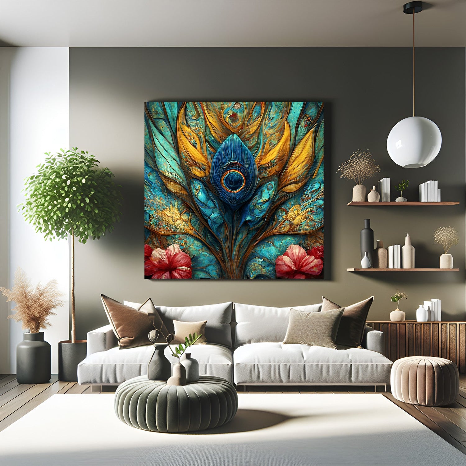 Mor Pankh peacock feather canvas painting for Vastu home decor and spiritual wall art