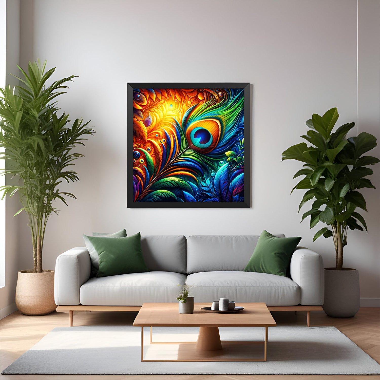 Peacock feather Mor Pankh Vastu wall art in black floater frame for Vastu-aligned home decor that brings calmness, focus, and spiritual balance