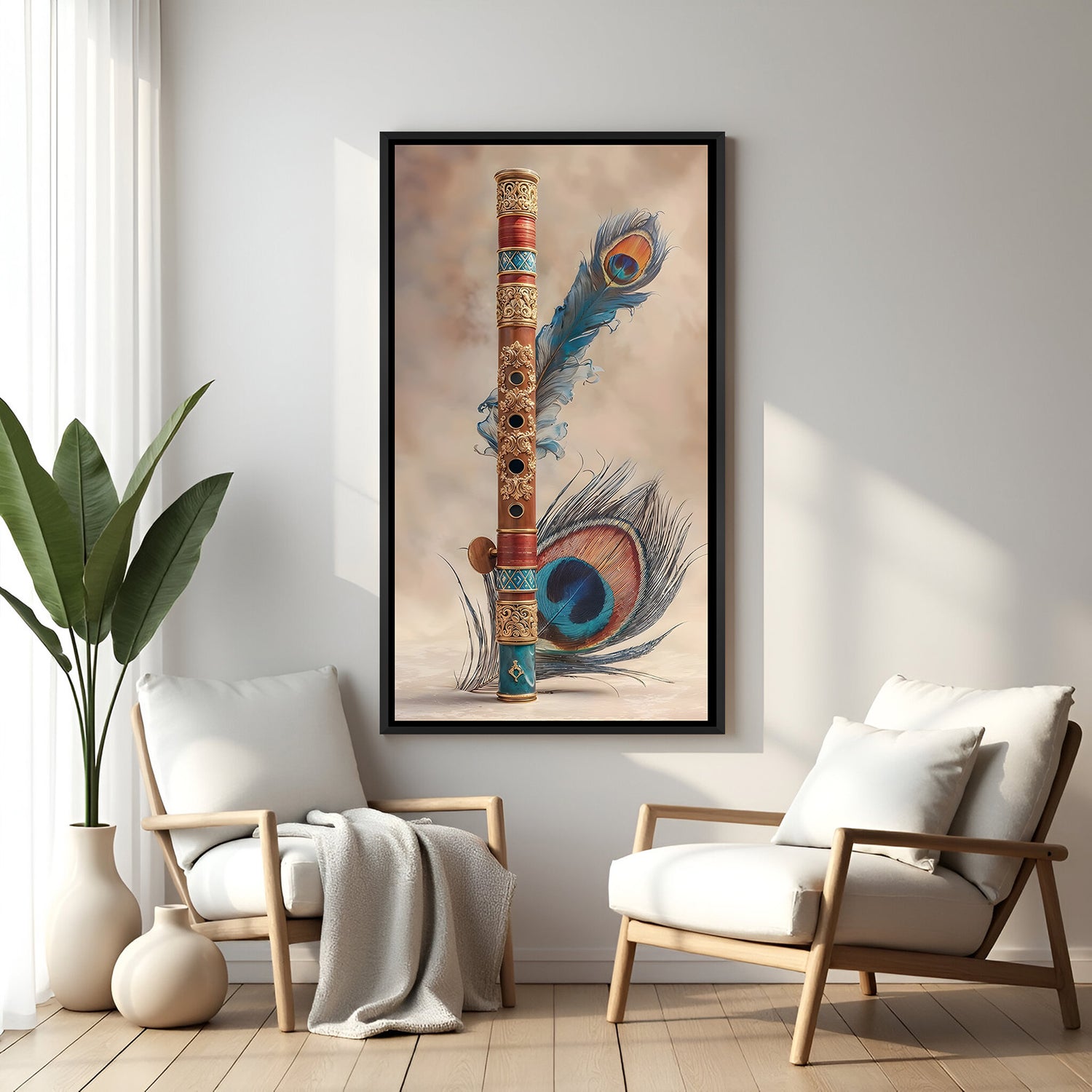 Krishna-inspired flute and peacock feather wall art in elegant black floater frame