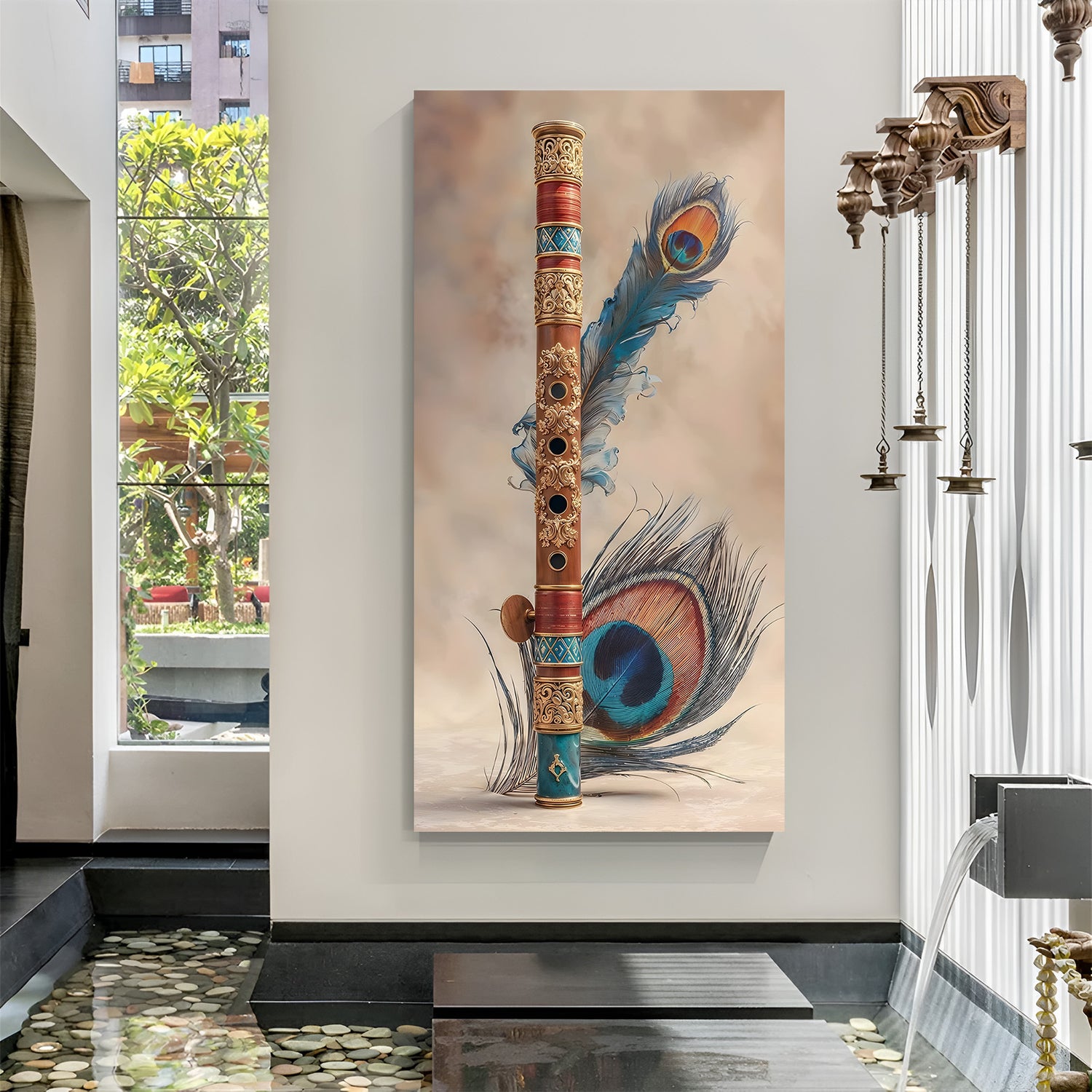 Wooden bansuri and peacock feather spiritual artwork in premium canvas wrapped frame