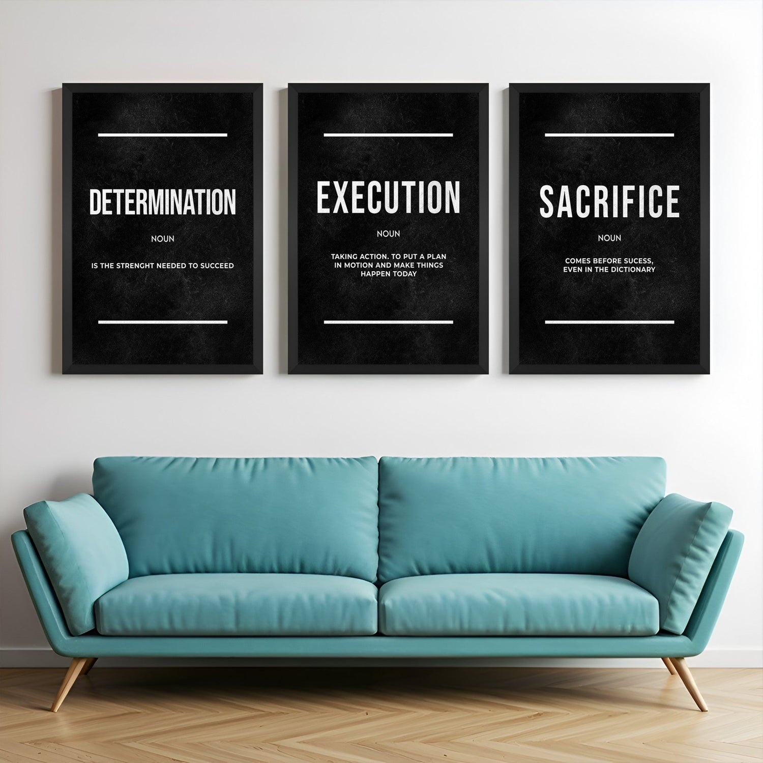 Set of 3 canvas prints with definitions of Determination, Execution, and Sacrifice in bold typography – perfect for office, gym, or productivity-driven decor