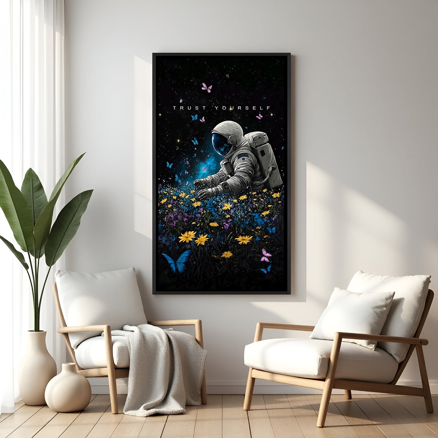 High-quality framed canvas artwork showing an astronaut in a floral landscape holding flowers with inspiring quote – ideal for space lovers and motivational decor themes.