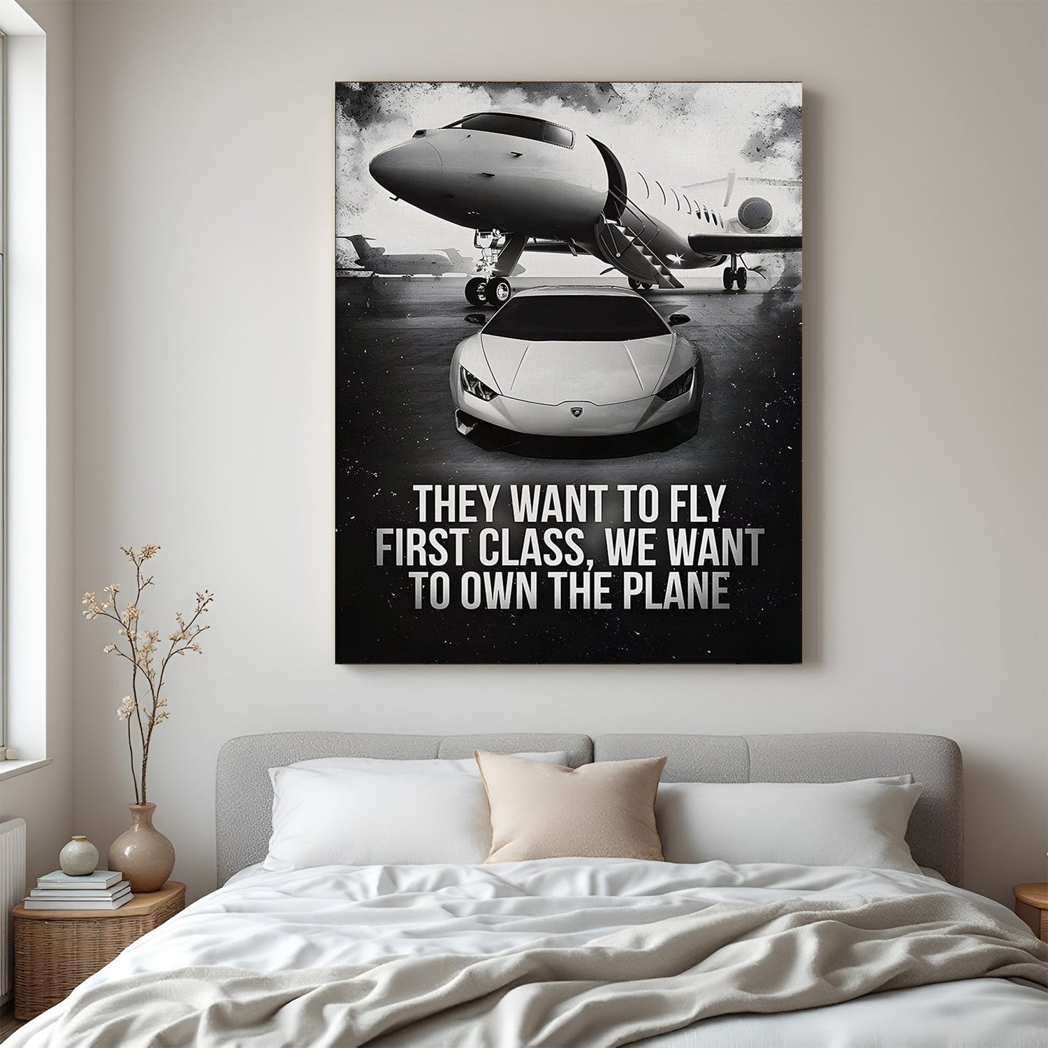 Main image of motivational canvas wall art with the quote “They want to fly first class, we want to own the plane” for home or office decor