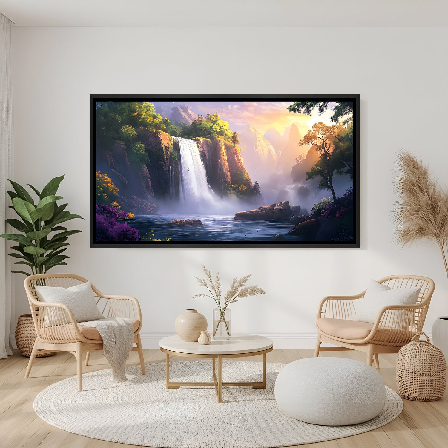 Mountain waterfall black frame landscape canvas wall art for living room
