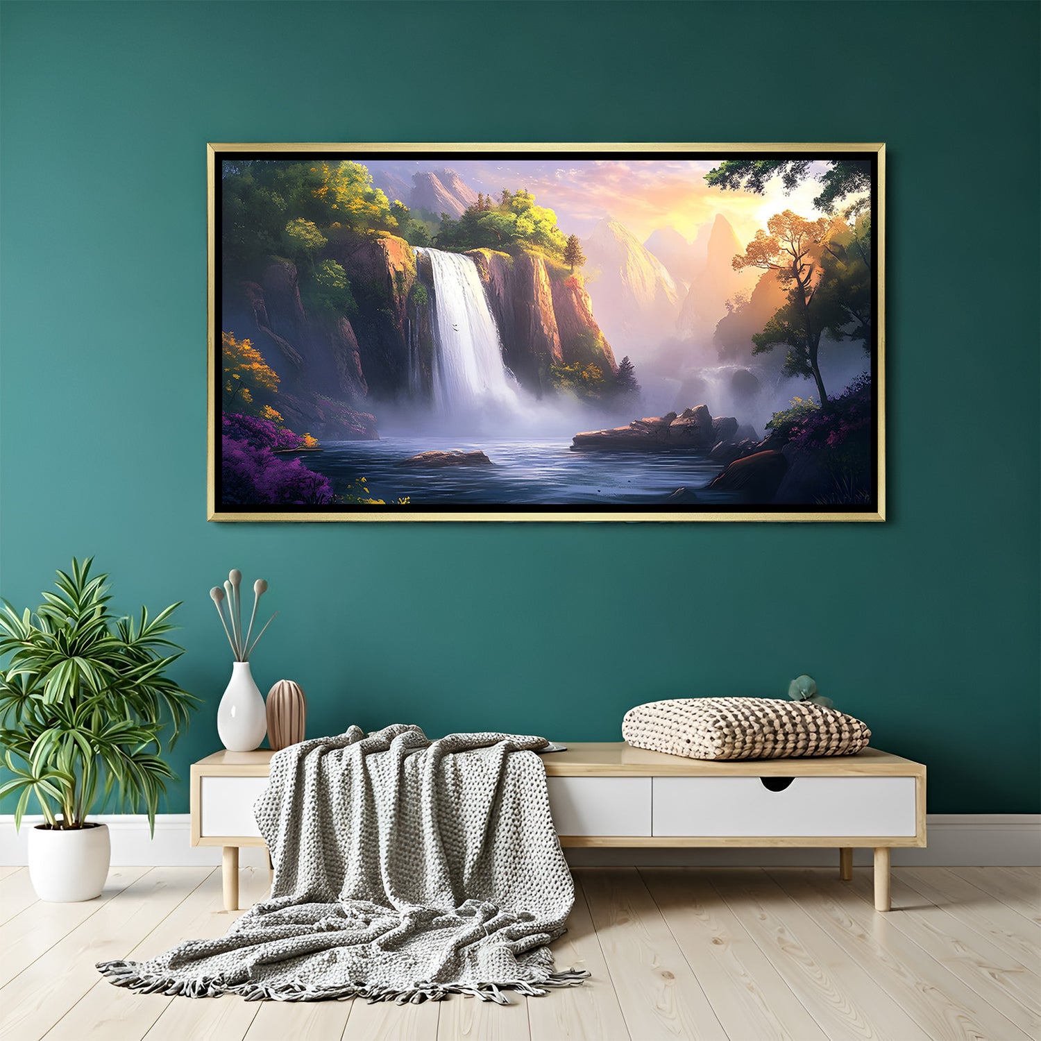 Sunset waterfall wooden frame canvas wall art panoramic landscape