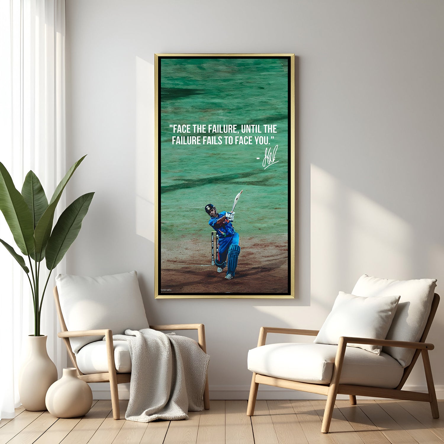 MS Dhoni face failure motivational artwork in golden floater frame premium cricket wall painting