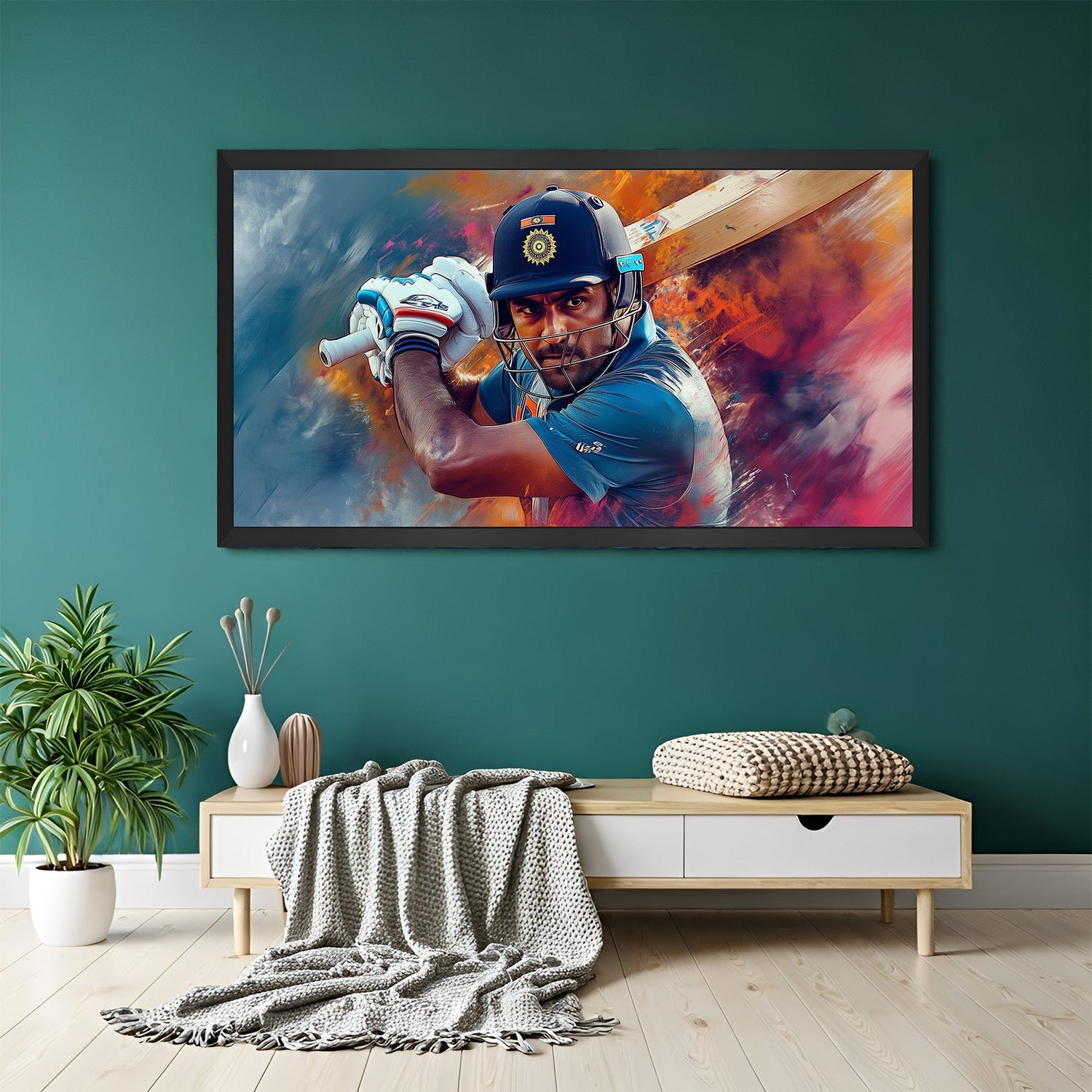 MS Dhoni canvas with black floater frame, modern inspirational wall art for sports lovers