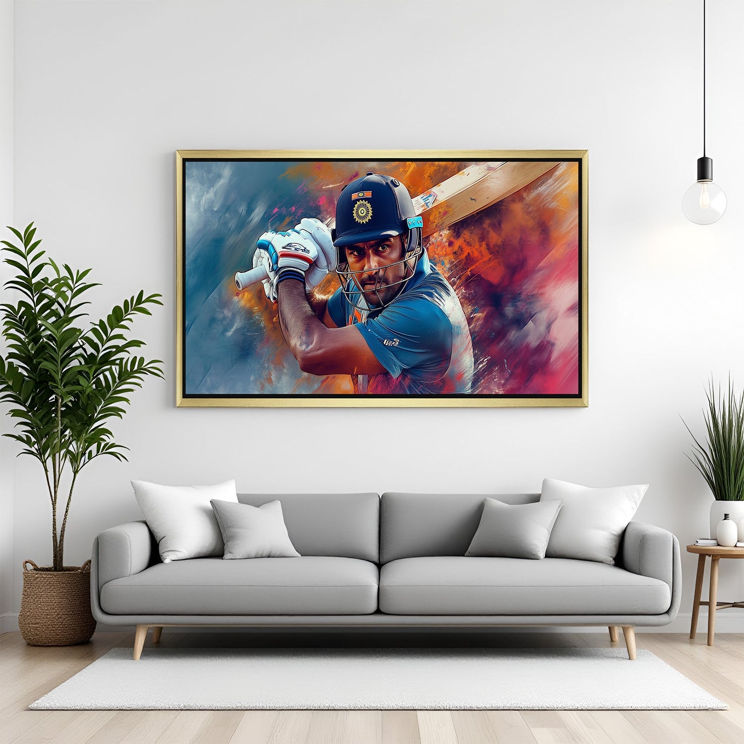 MS Dhoni large canvas in gold floater frame, premium wall art for motivation and decor