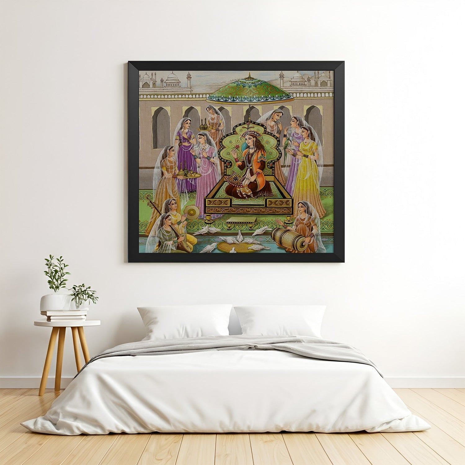 Black frame Mughal harem canvas painting – historic royal Indian wall art for classic and elegant home decor