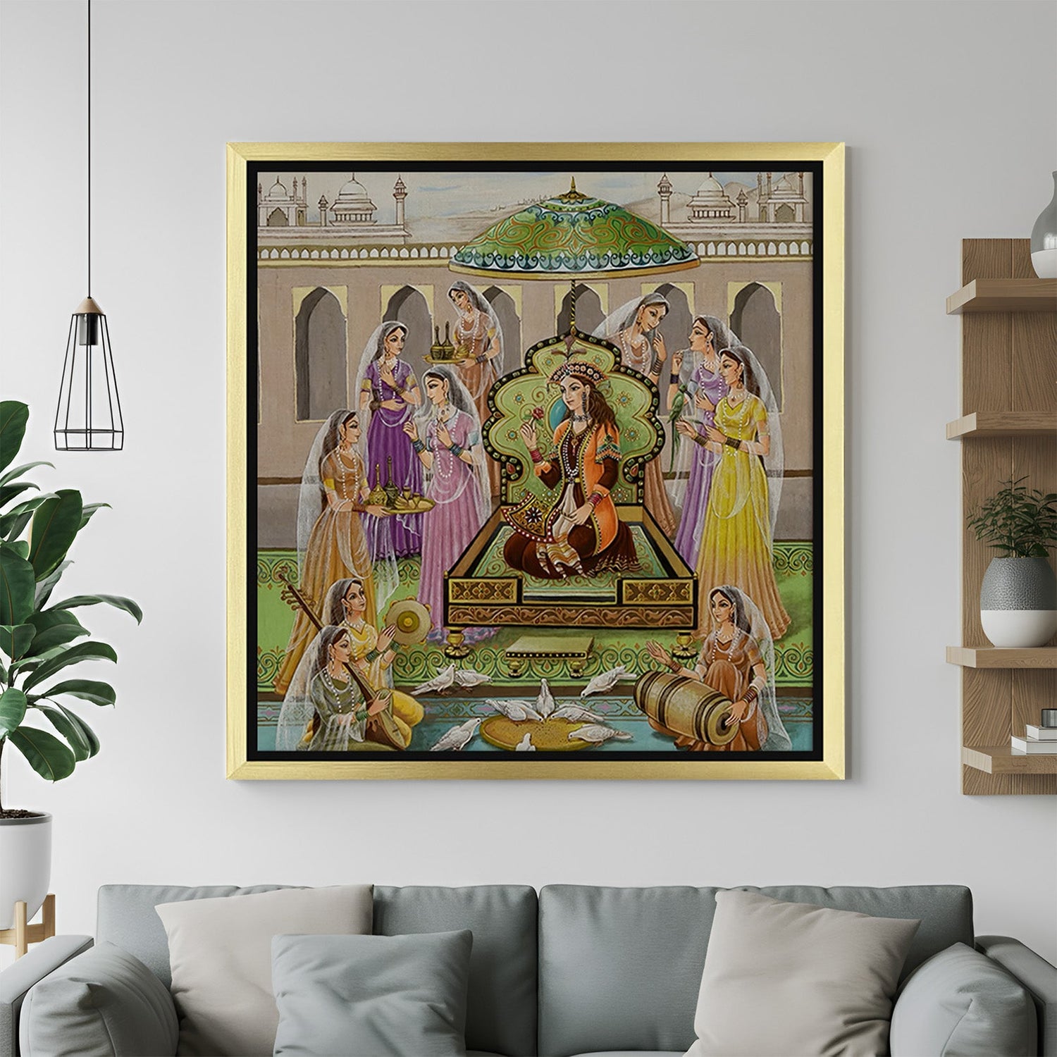 Golden frame Mughal harem scene painting – traditional Indian canvas art for regal and cultural room settings