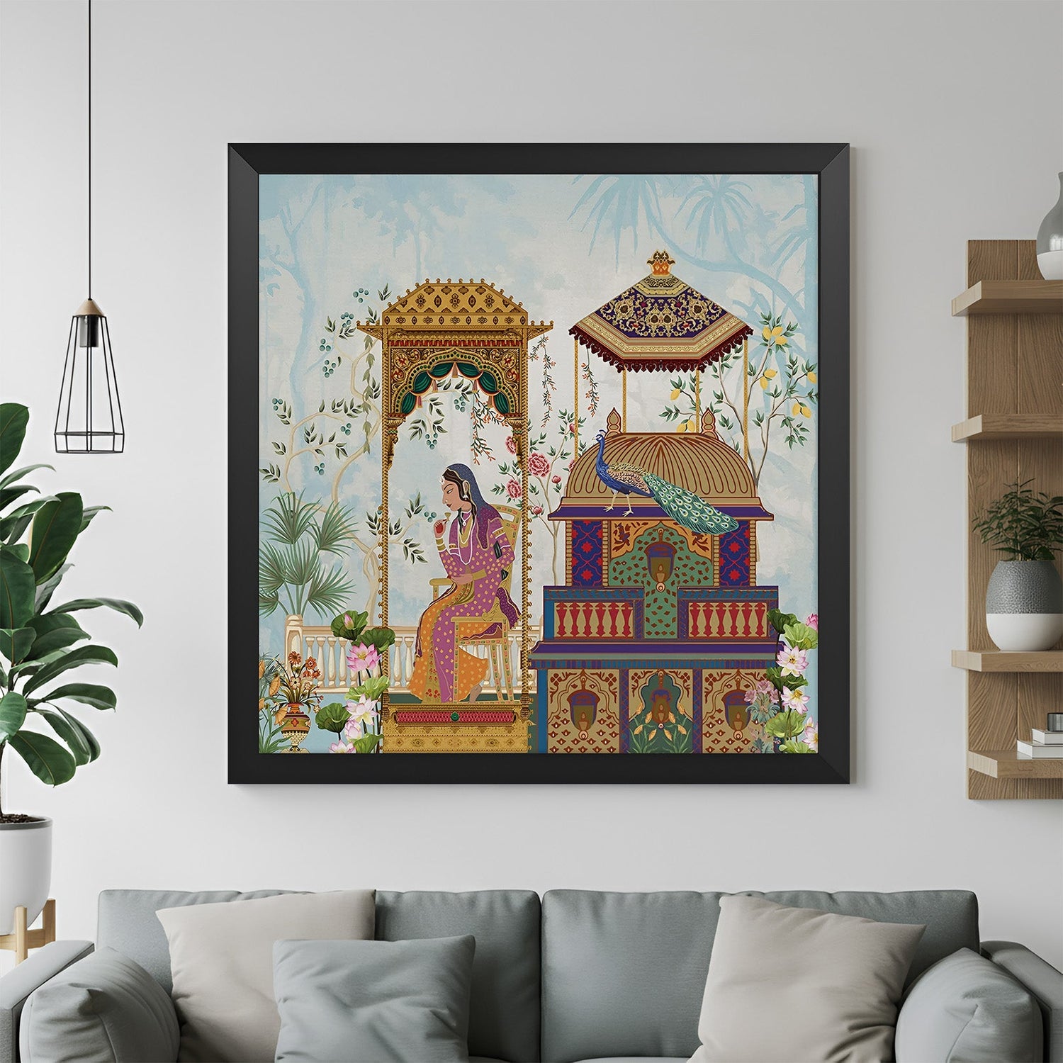 Mughal Indian traditional painting in black floater frame ideal for vintage ethnic interior styling