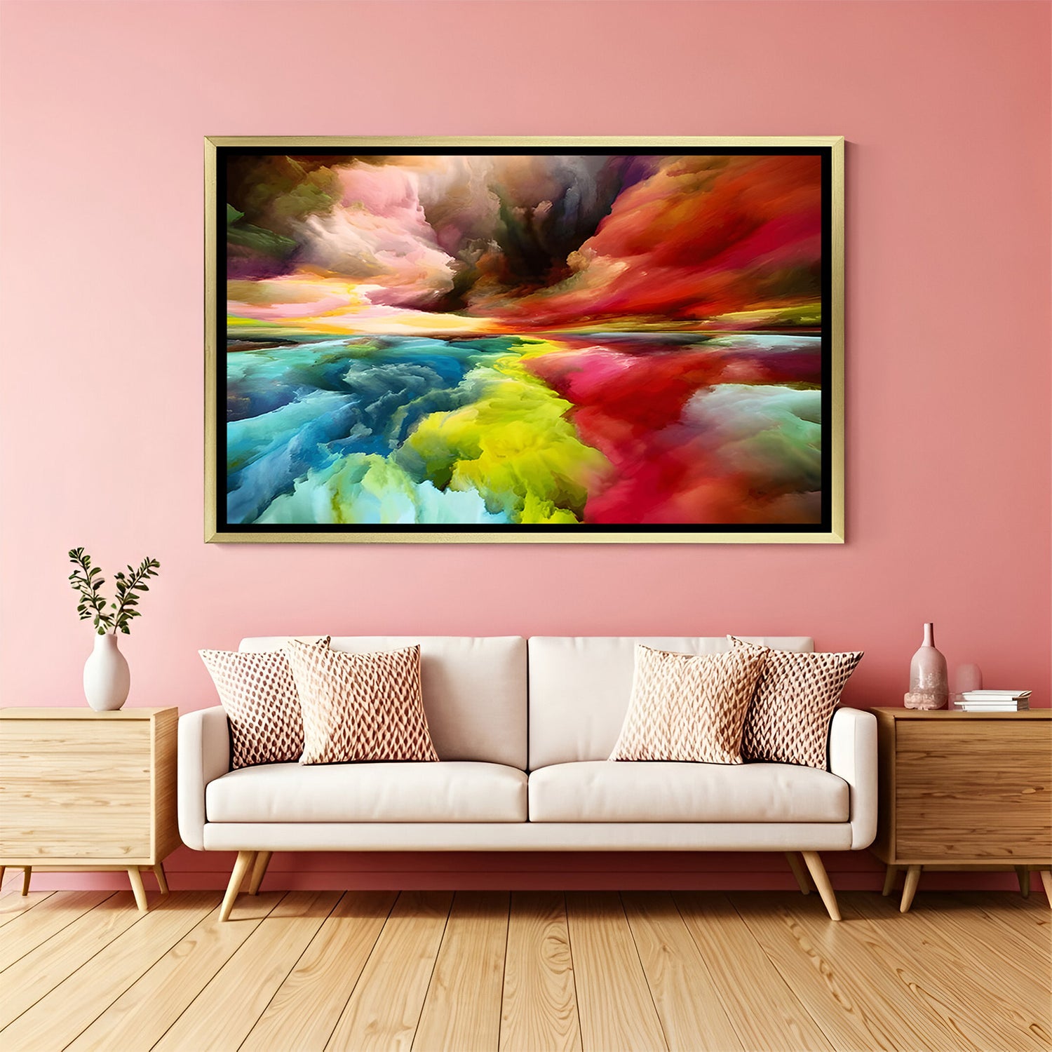 Luxury vibrant abstract canvas wall art with colorful fluid design in golden frame