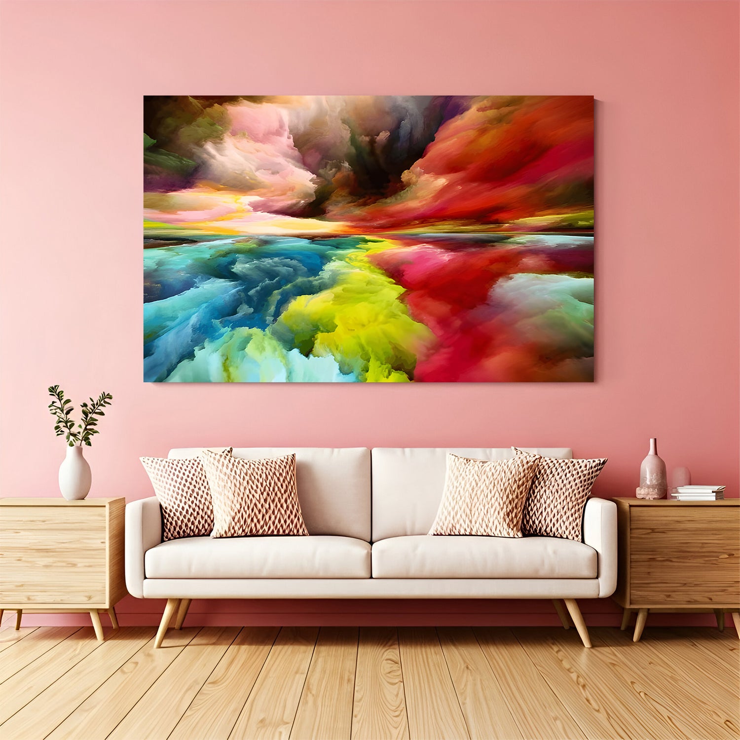 Vibrant multicolor abstract landscape canvas wall art with bold fluid colors displayed above sofa in modern living room