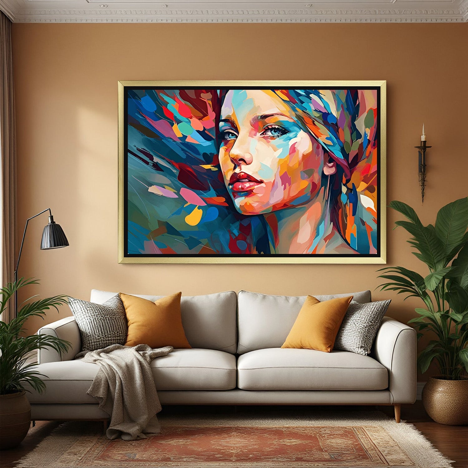 Multicolor abstract canvas wall painting of a female face with golden floater frame – modern and vibrant artwork for stylish and expressive interiors