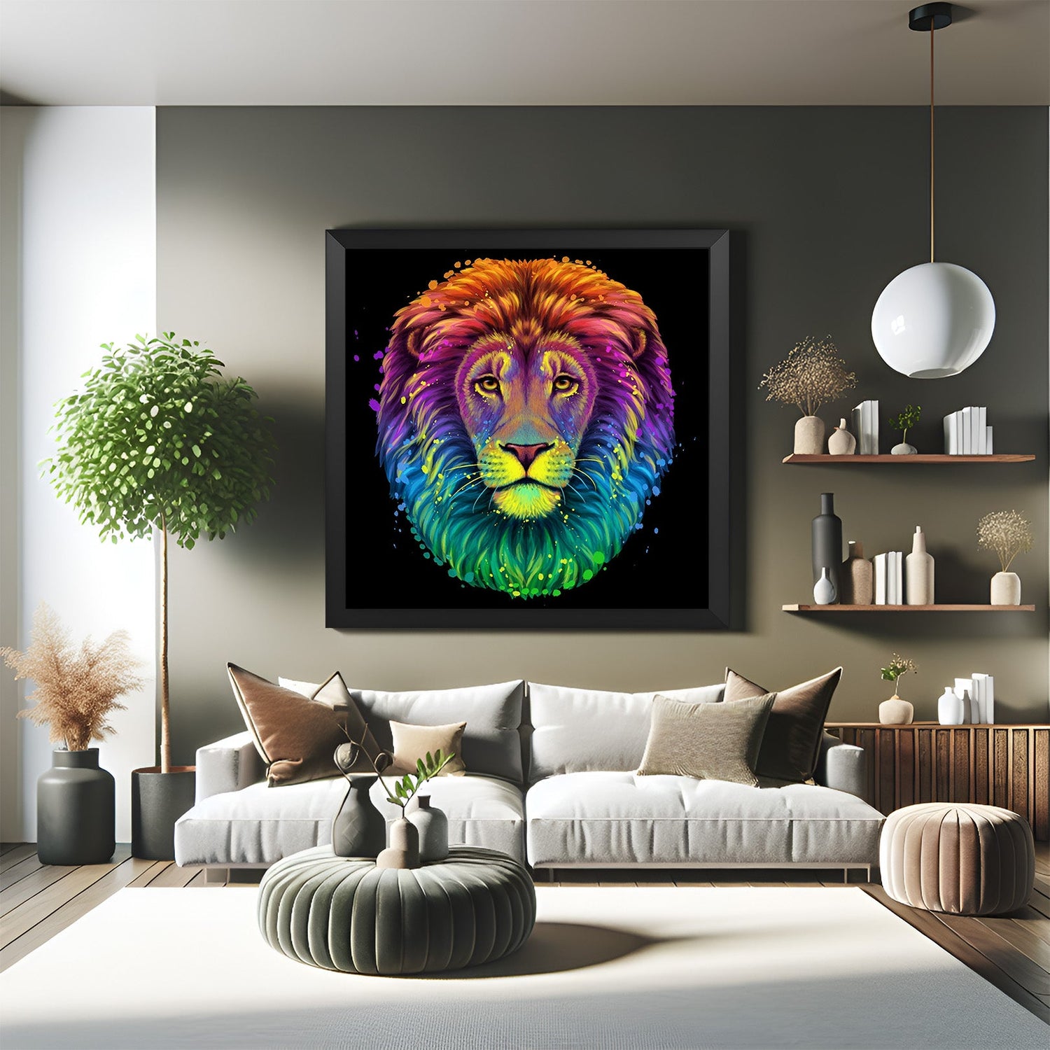 Artistic lion head canvas with black floater frame, designed for interiors with a strong yet calm statement piece