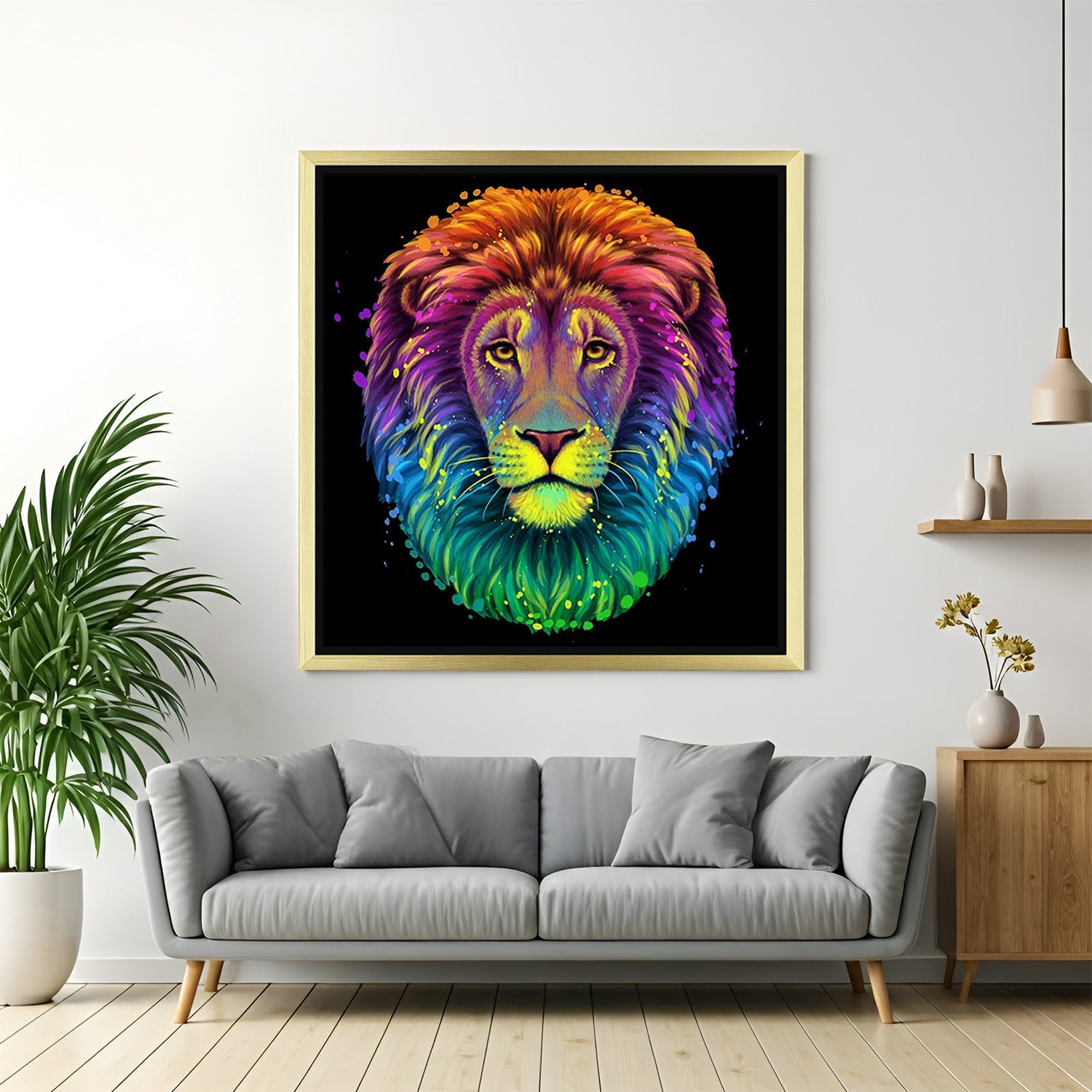 Lion face painted in multicolor on canvas with golden floater frame, ideal for stylish home or office wall decor