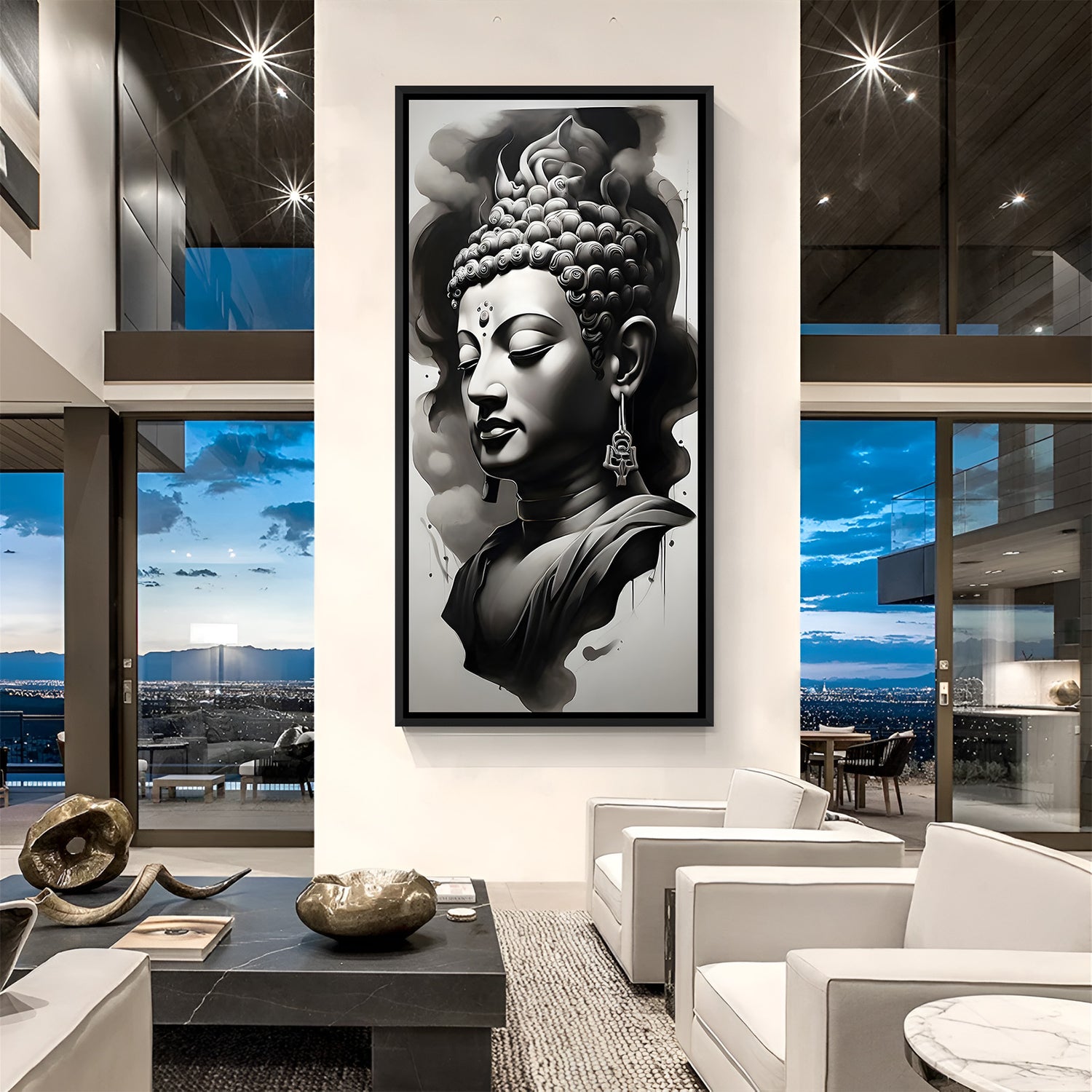 Mystic Buddha Face spiritual smoke canvas artwork in premium black floater frame